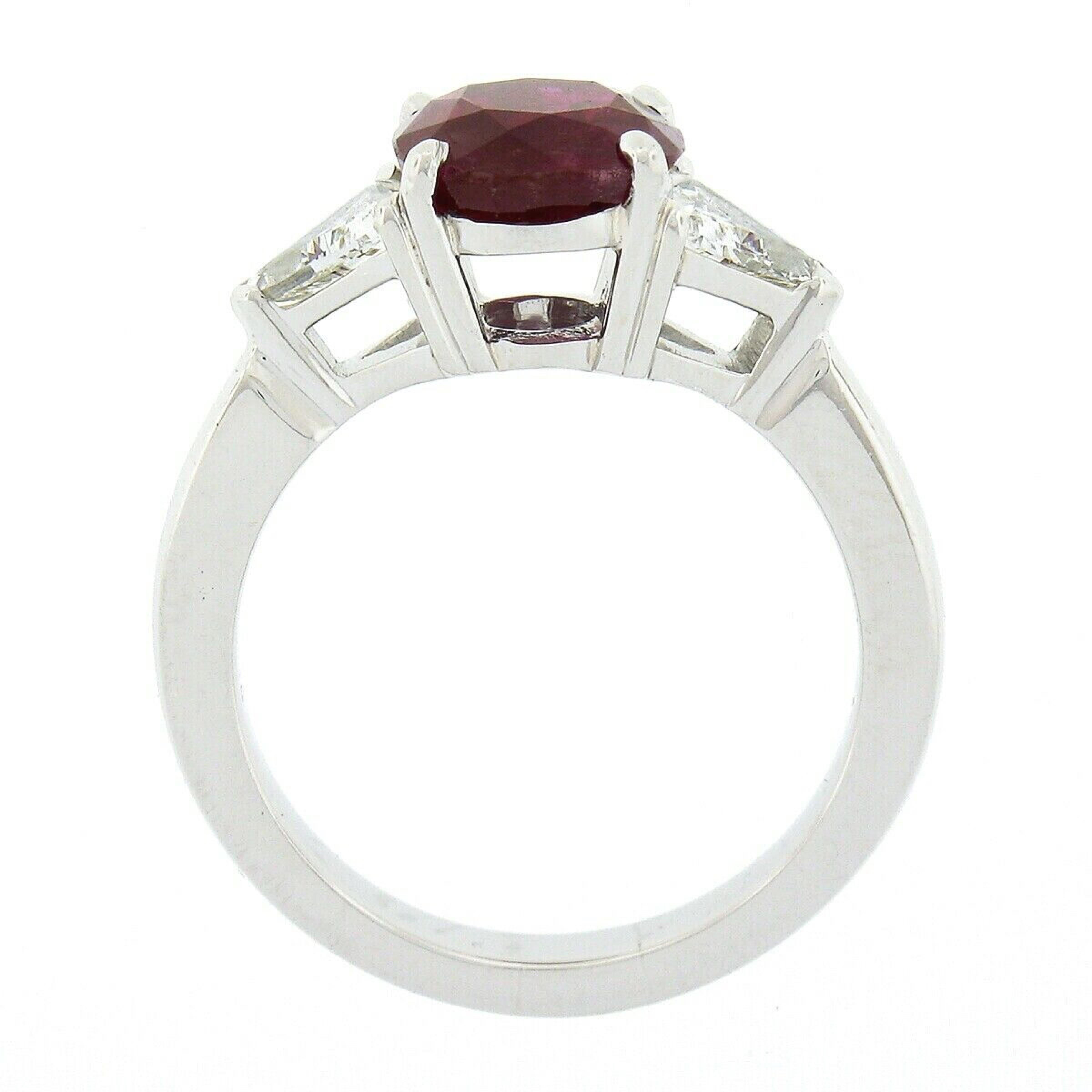 Vintage Platinum 3.23ctw GIA Burma No Heat Oval Cut Ruby & Trillion Diamond Ring For Sale 5