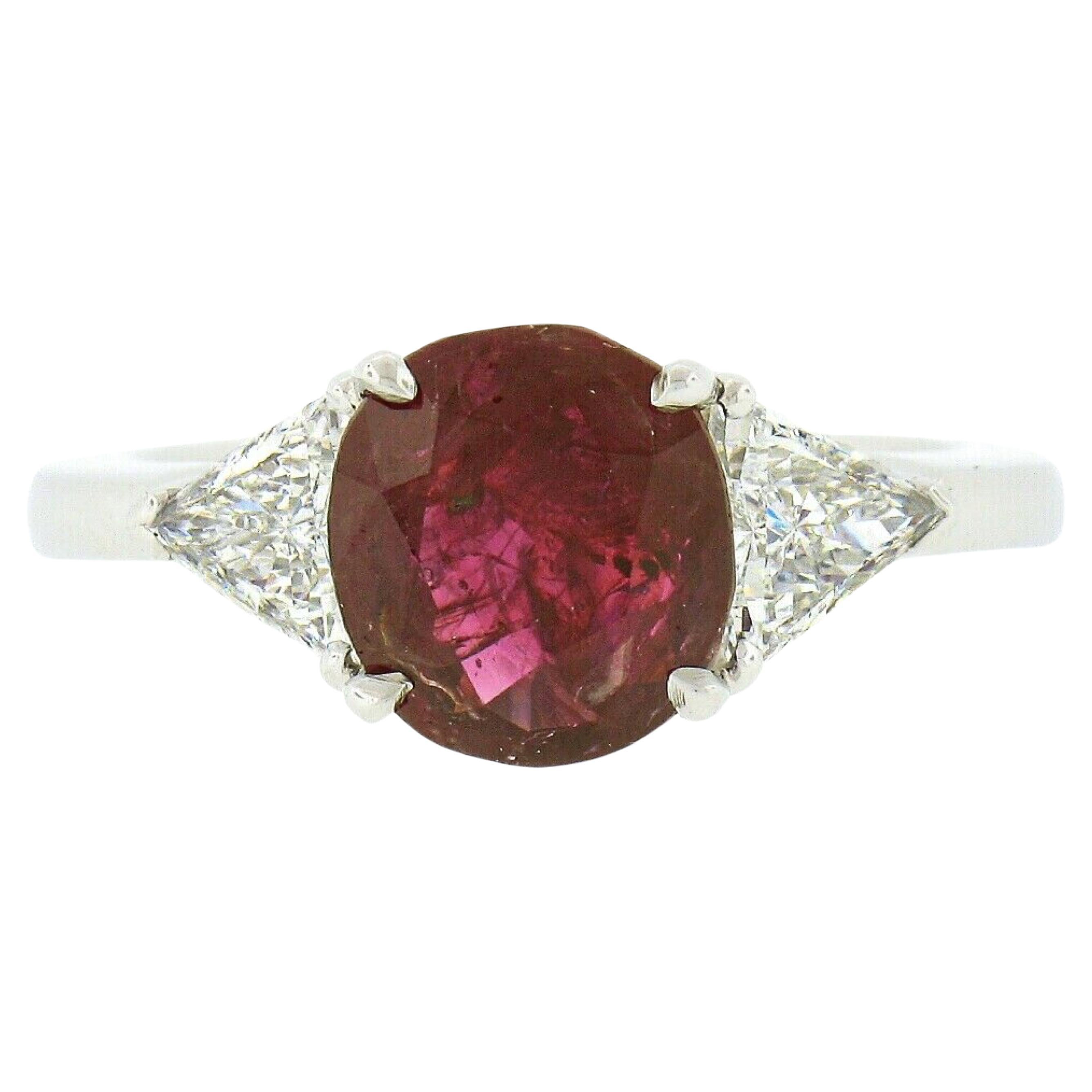 Vintage Platinum 3.23ctw GIA Burma No Heat Oval Cut Ruby & Trillion Diamond Ring For Sale
