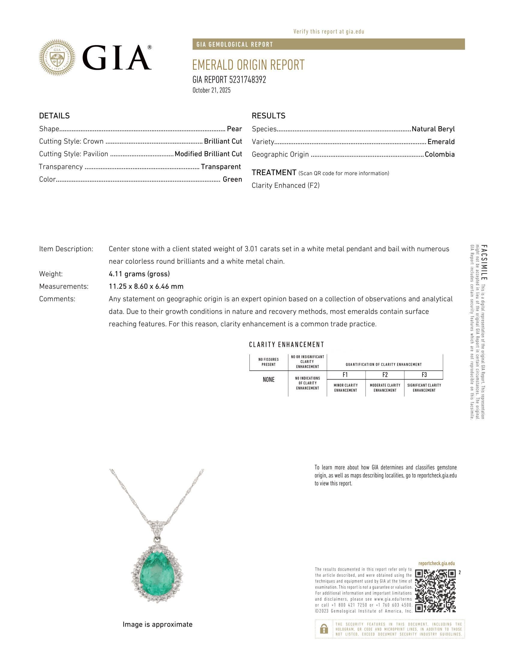 Collar Colgante Vintage Platino 3.36ct GIA Esmeralda Colombiana Pera c/ Diamantes en venta 8