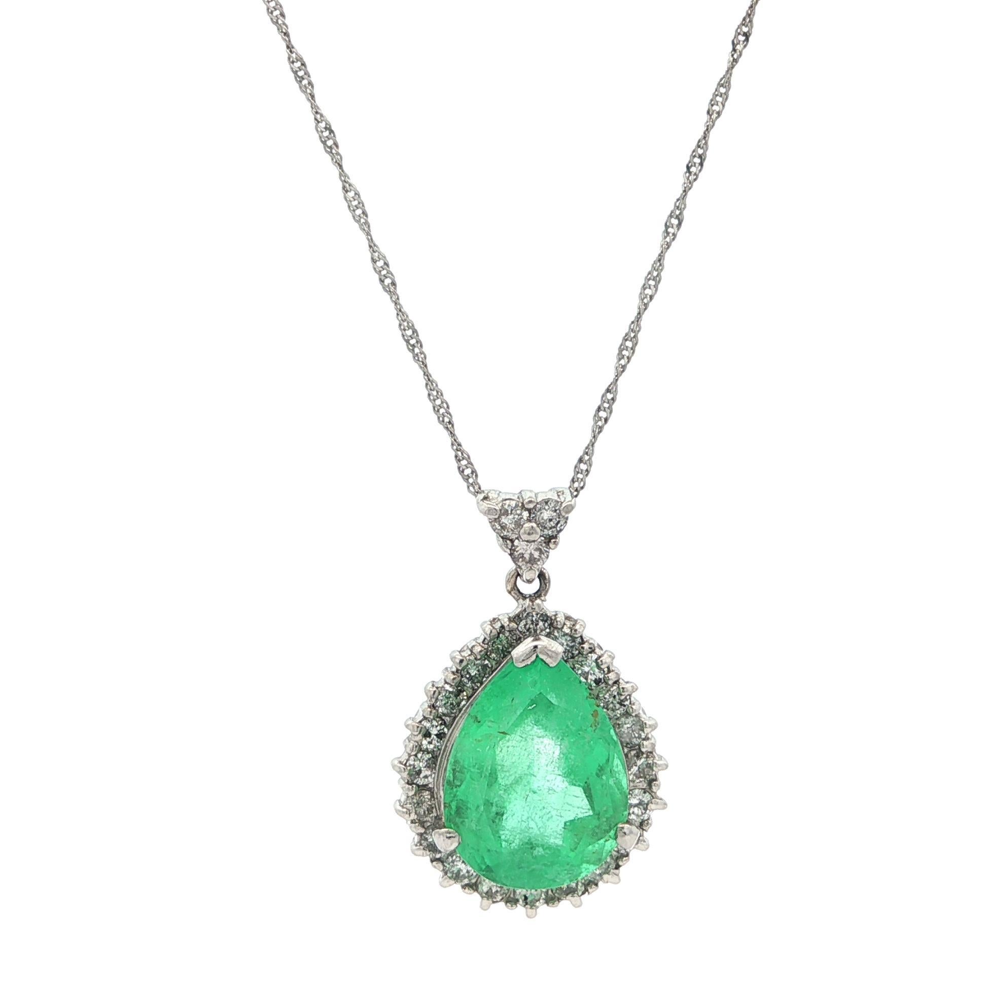 Collar Colgante Vintage Platino 3.36ct GIA Esmeralda Colombiana Pera c/ Diamantes en venta 3