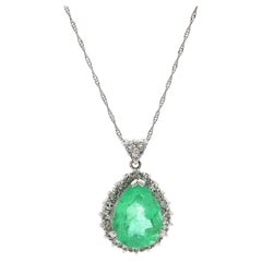 Vintage Platinum 3.36ct GIA Pear Colombian Emerald w/ Diamond Pendant Necklace