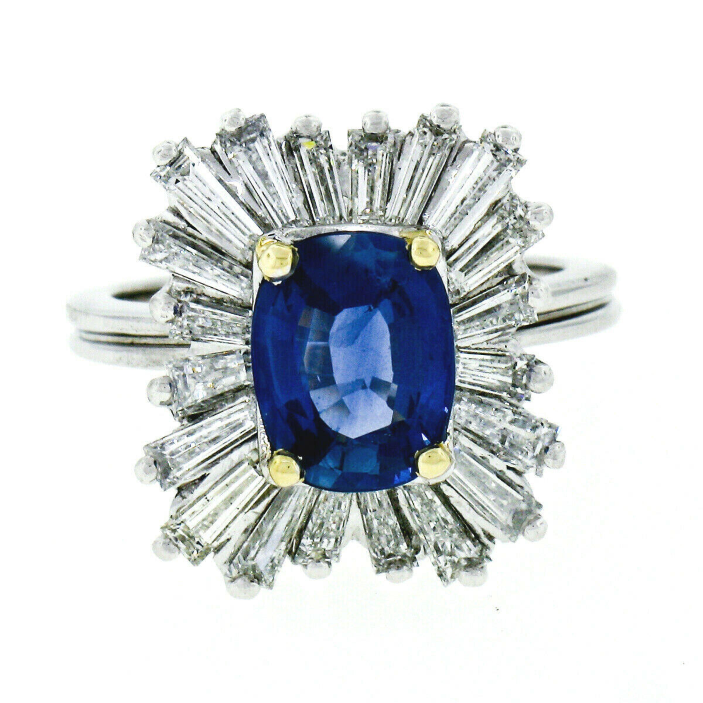 Vintage Platinum 3.43ctw AGL Cushion Sapphire & Diamond Ballerina Cocktail Ring In Excellent Condition For Sale In Montclair, NJ