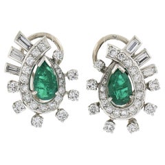 Vintage Platinum 3.4ctw Gia Pear Emerald & Diamond Teardrop Shape Omega Earrings