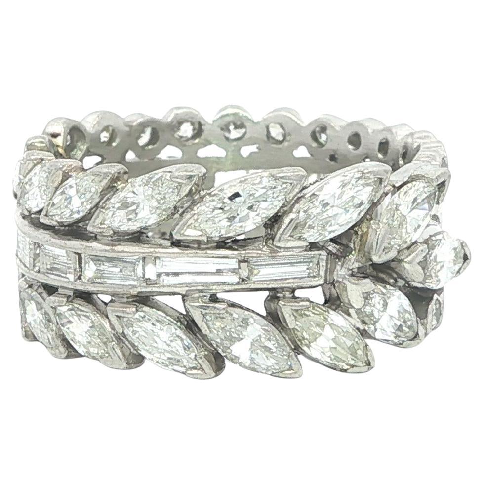 Vintage Platinum 3.4ctw Marquise Baguette Diamond Wide Floral Eternity Band Ring For Sale
