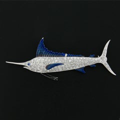 Vintage Platinum 3.5-4ctw Pave Diamond & Enamel Blue Marlin Detailed Pin Brooch