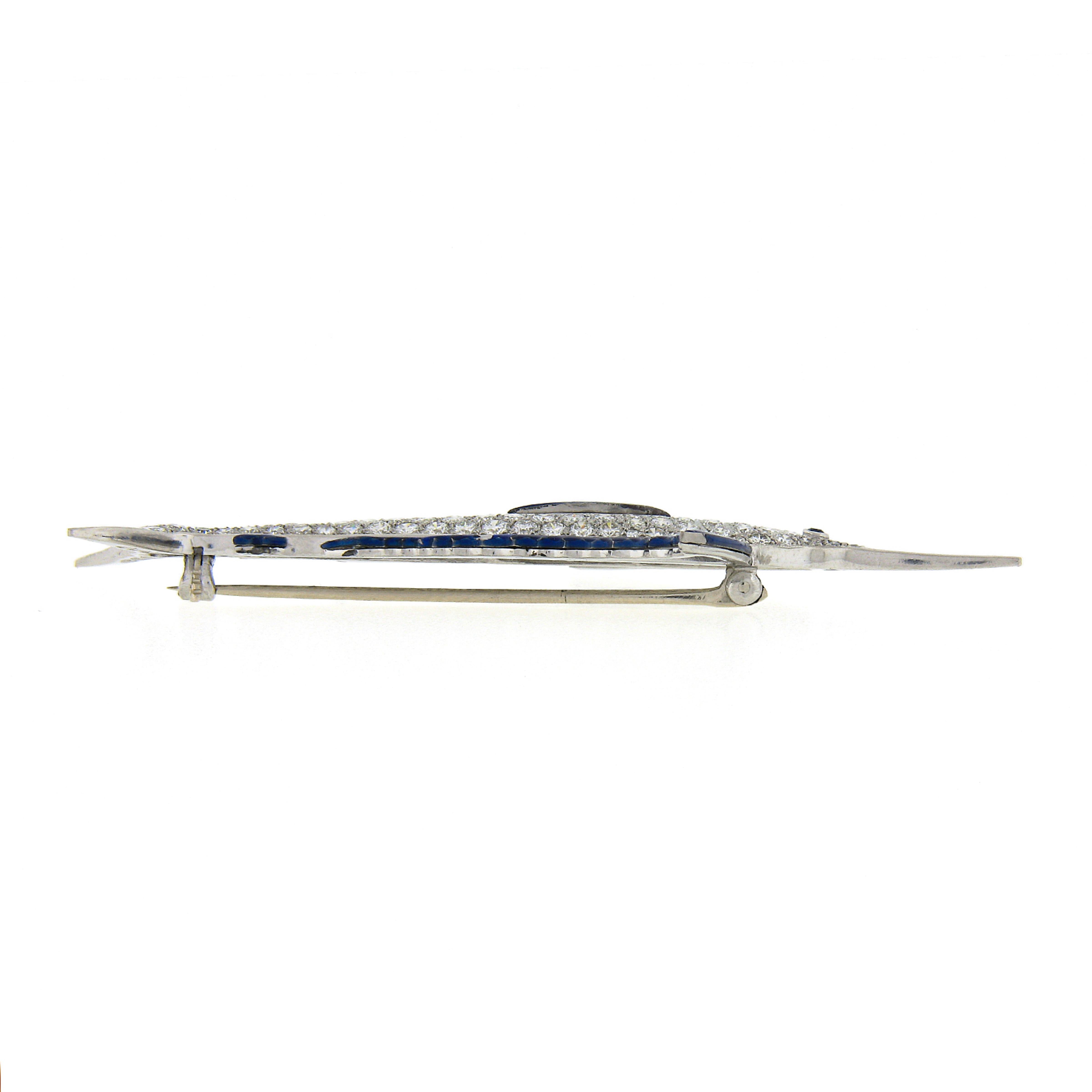 Vintage Platinum 3.5-4ctw Pave Diamond & Enamel Blue Marlin Detailed Pin Brooch In Good Condition For Sale In Montclair, NJ