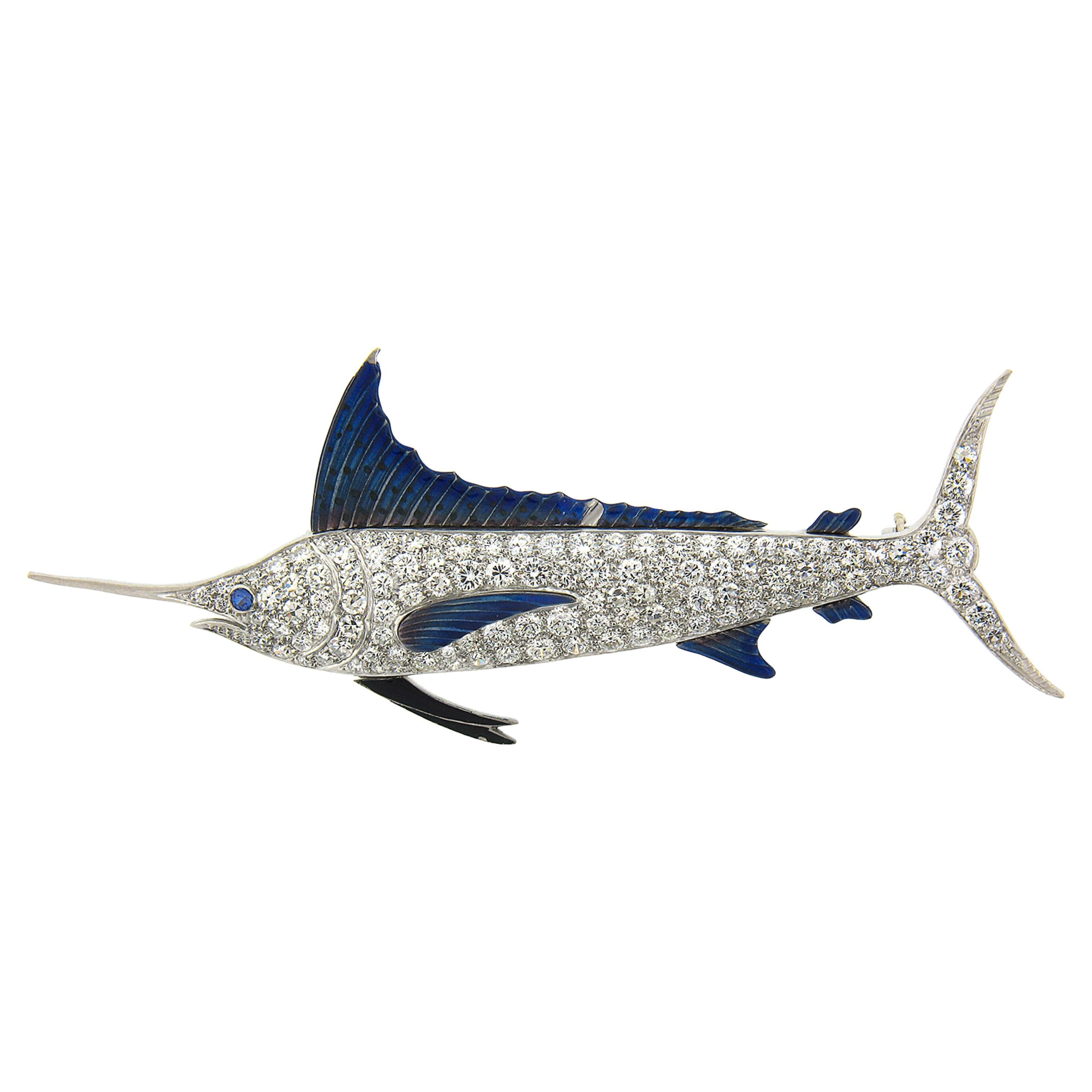 Vintage Platinum 3.5-4ctw Pave Diamond & Enamel Blue Marlin Detailed Pin Brooch