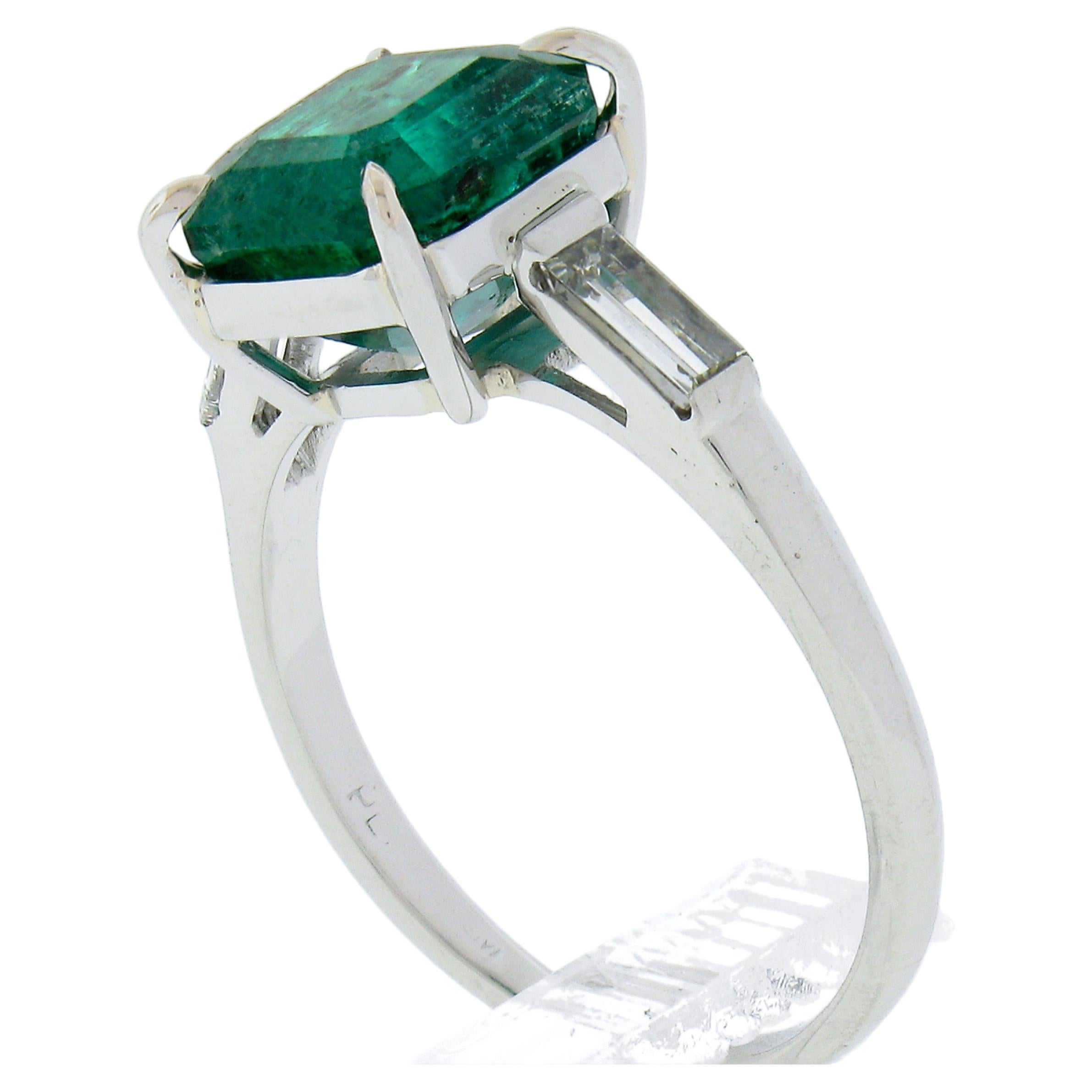 --Stone(s):--
(1) Natural Genuine Emerald - Octagonal Step Cut - Claw Prong Set -  Lively & Vivid Green Color w/ Natural Inclusions - 3.26ct (exact - certified)
 **See Certification Details Below** 
(2) Natural Genuine Diamonds - Baguette Cut -