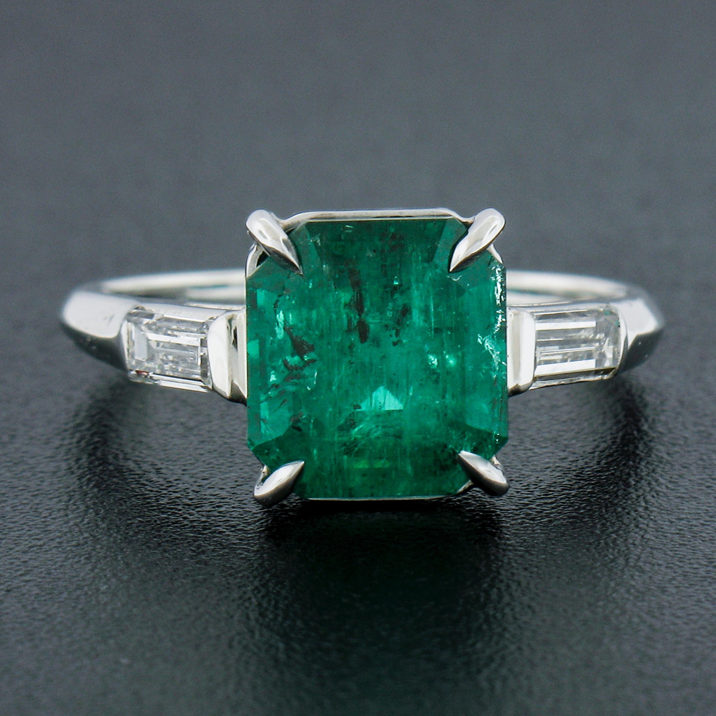 Octagon Cut Vintage Platinum 3.56ctw GIA Graded Octagonal Emerald & Baguette Diamond Ring For Sale