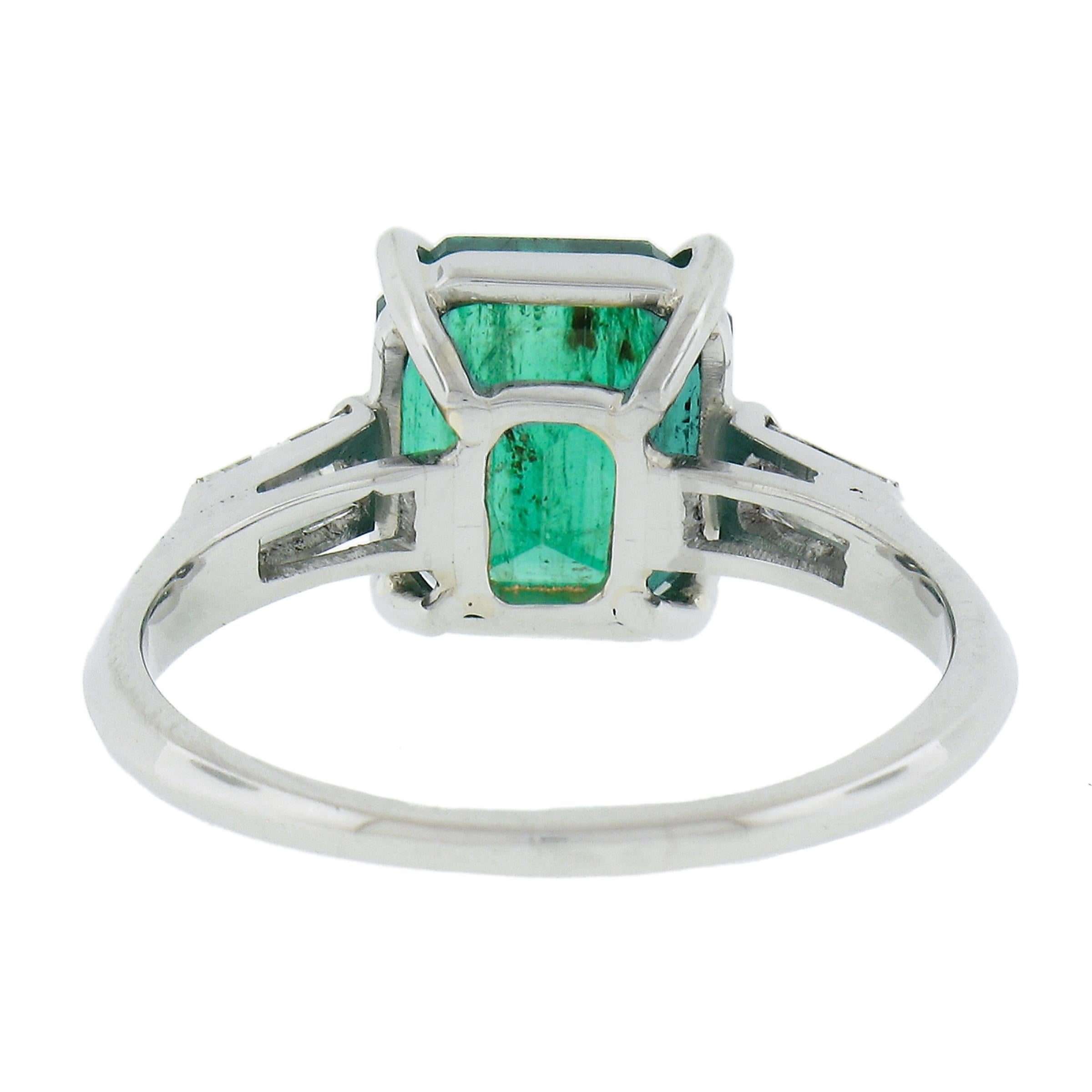 Vintage Platinum 3.56ctw GIA Graded Octagonal Emerald & Baguette Diamond Ring For Sale 1