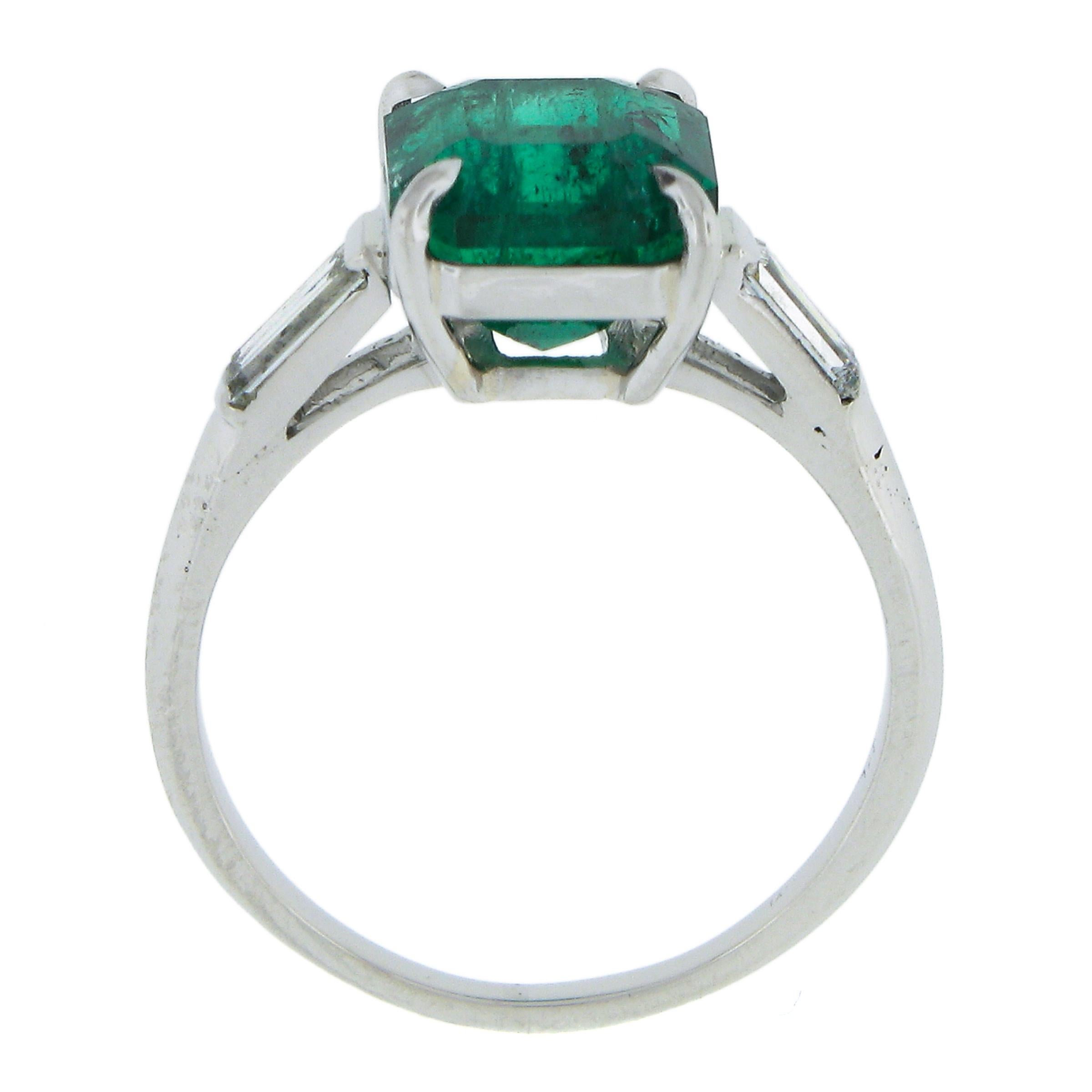 Vintage Platinum 3.56ctw GIA Graded Octagonal Emerald & Baguette Diamond Ring For Sale 2