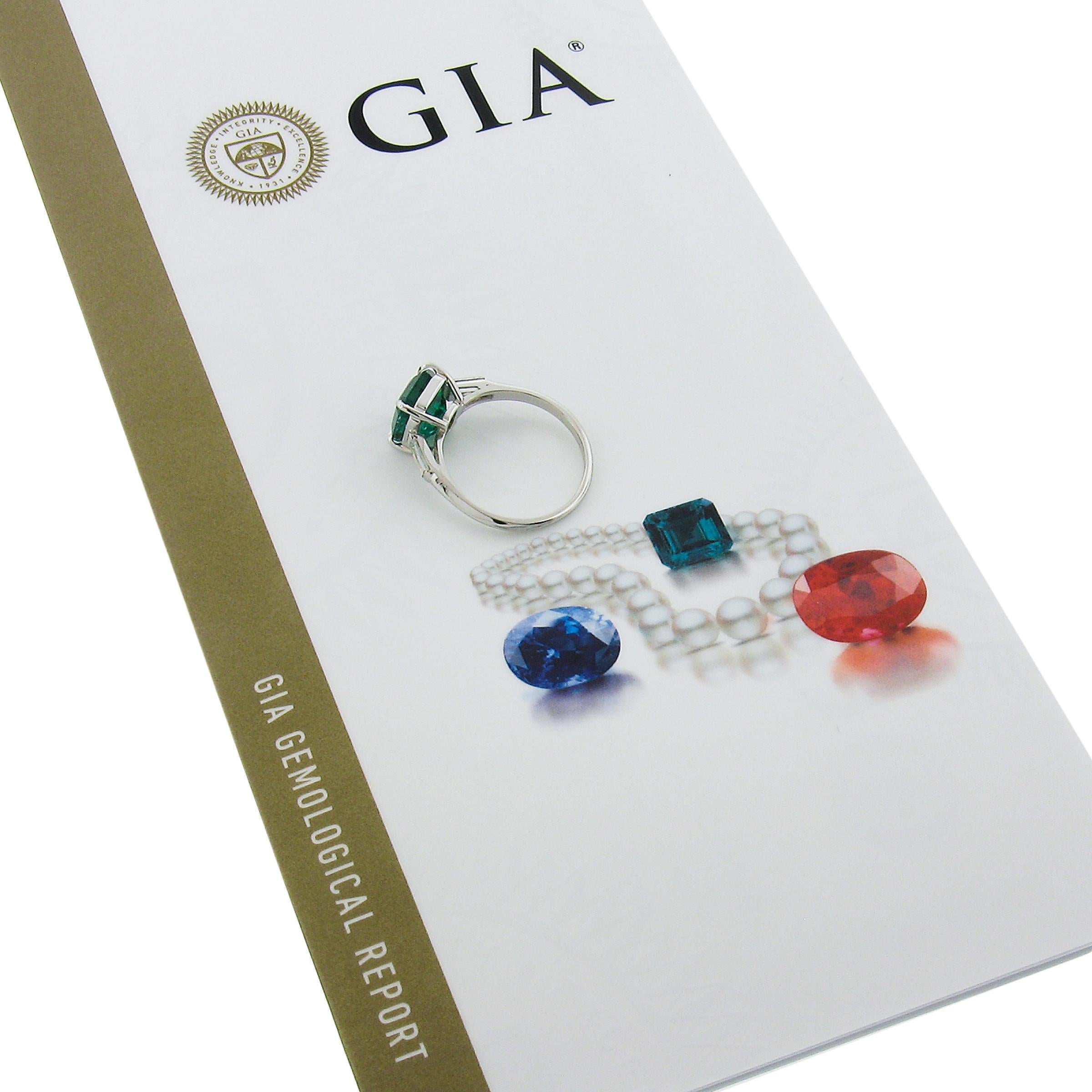 Vintage Platinum 3.56ctw GIA Graded Octagonal Emerald & Baguette Diamond Ring For Sale 3