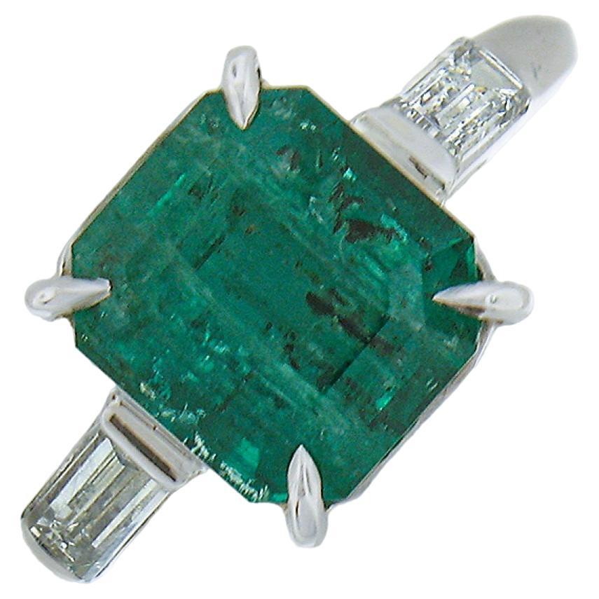 Vintage Platinum 3.56ctw GIA Graded Octagonal Emerald & Baguette Diamond Ring