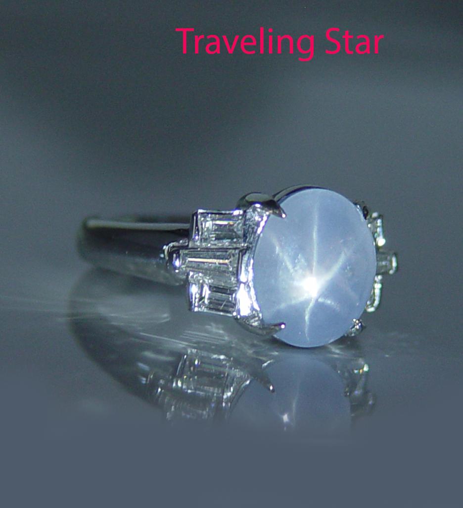 Vintage Platin 3,5 Karat Sternsaphir Baguette Diamantring 1950er Jahre Nachlass (Ovalschliff) im Angebot