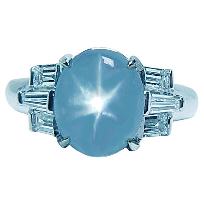Vintage Platinum 3.5ct Star Sapphire Baguette Diamond Ring 1950s Estate