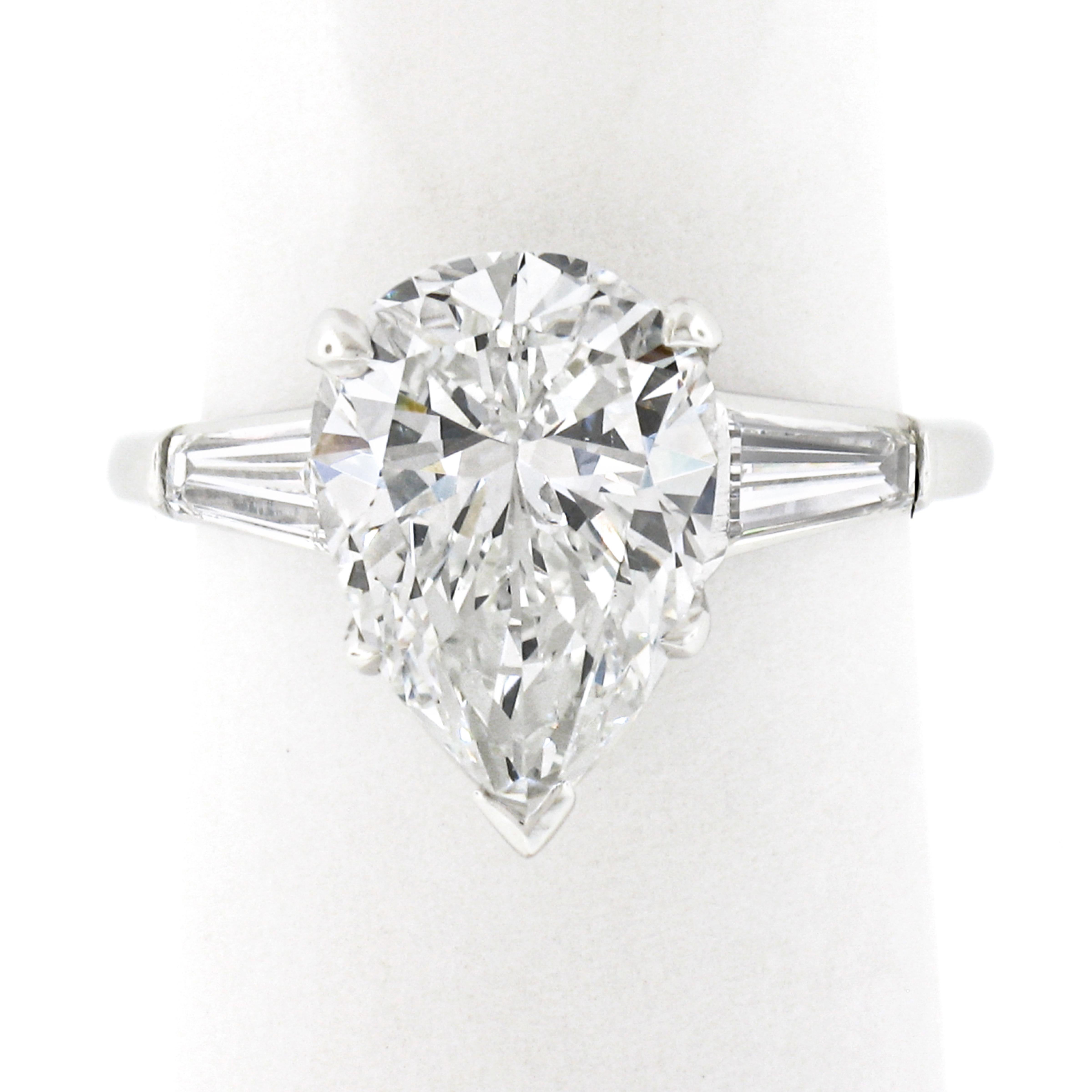 Vintage Platinum 3.02ctw GIA Pear Brilliant & Baguette Diamond Engagement Ring For Sale 6