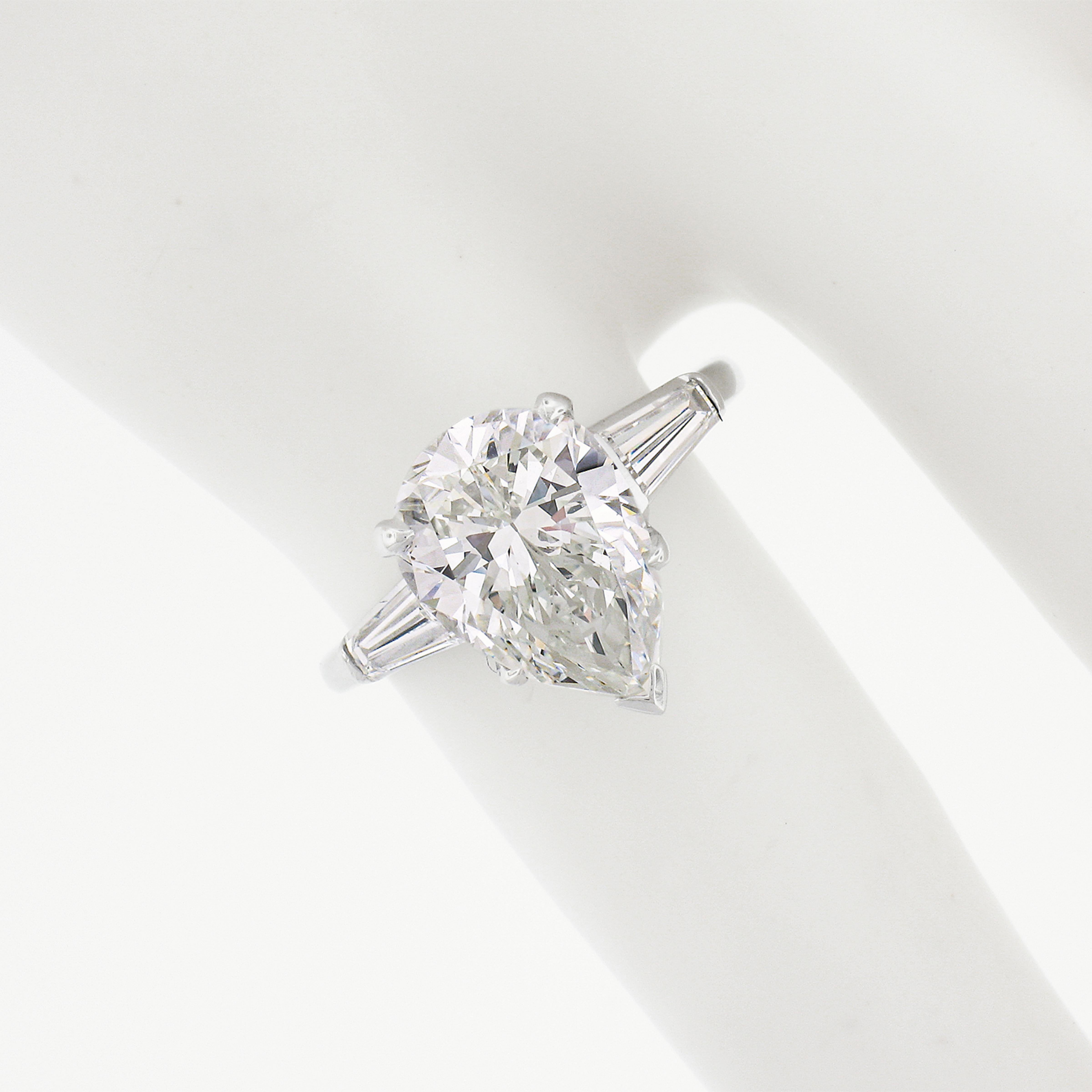 Pear Cut Vintage Platinum 3.02ctw GIA Pear Brilliant & Baguette Diamond Engagement Ring For Sale