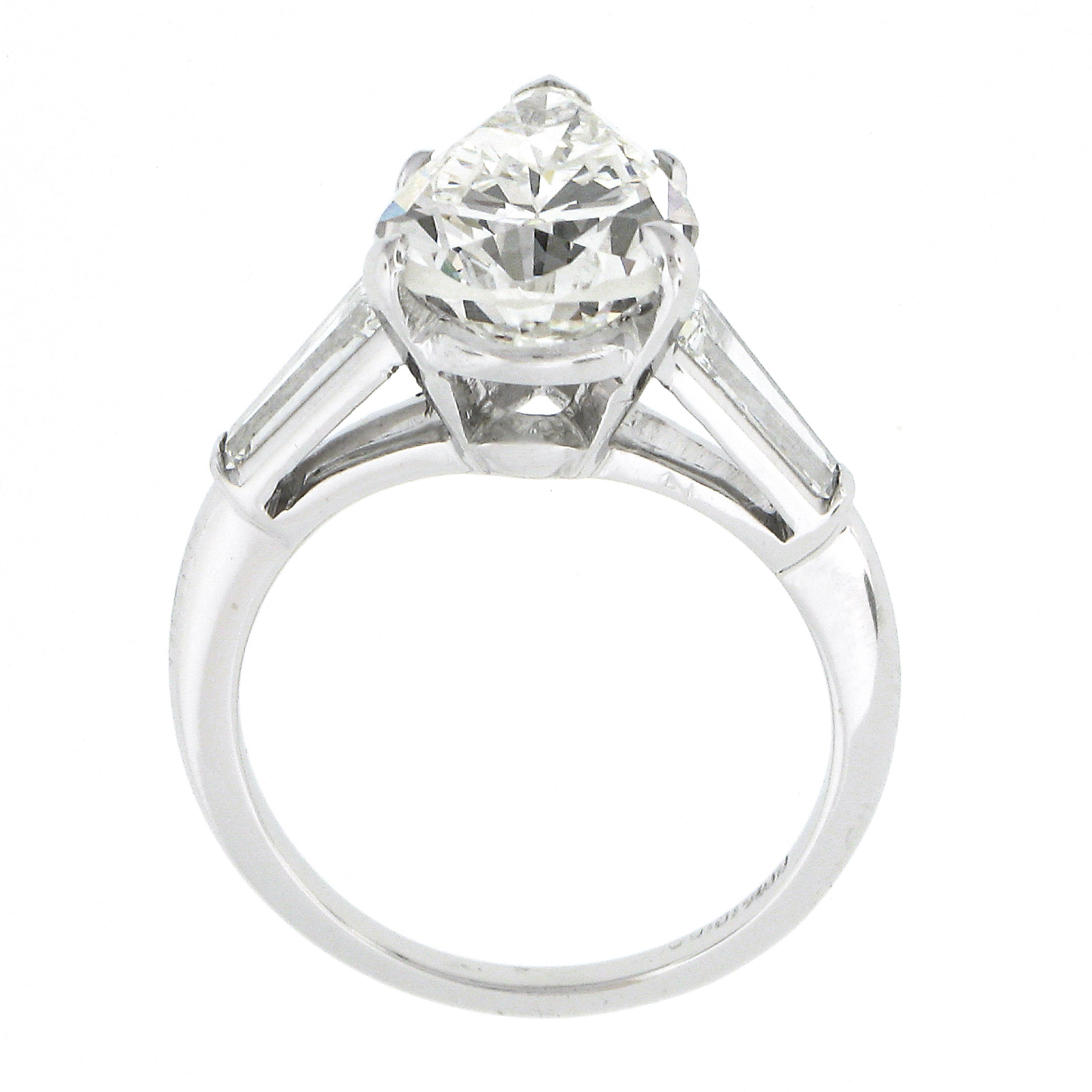 Vintage Platinum 3.02ctw GIA Pear Brilliant & Baguette Diamond Engagement Ring For Sale 2