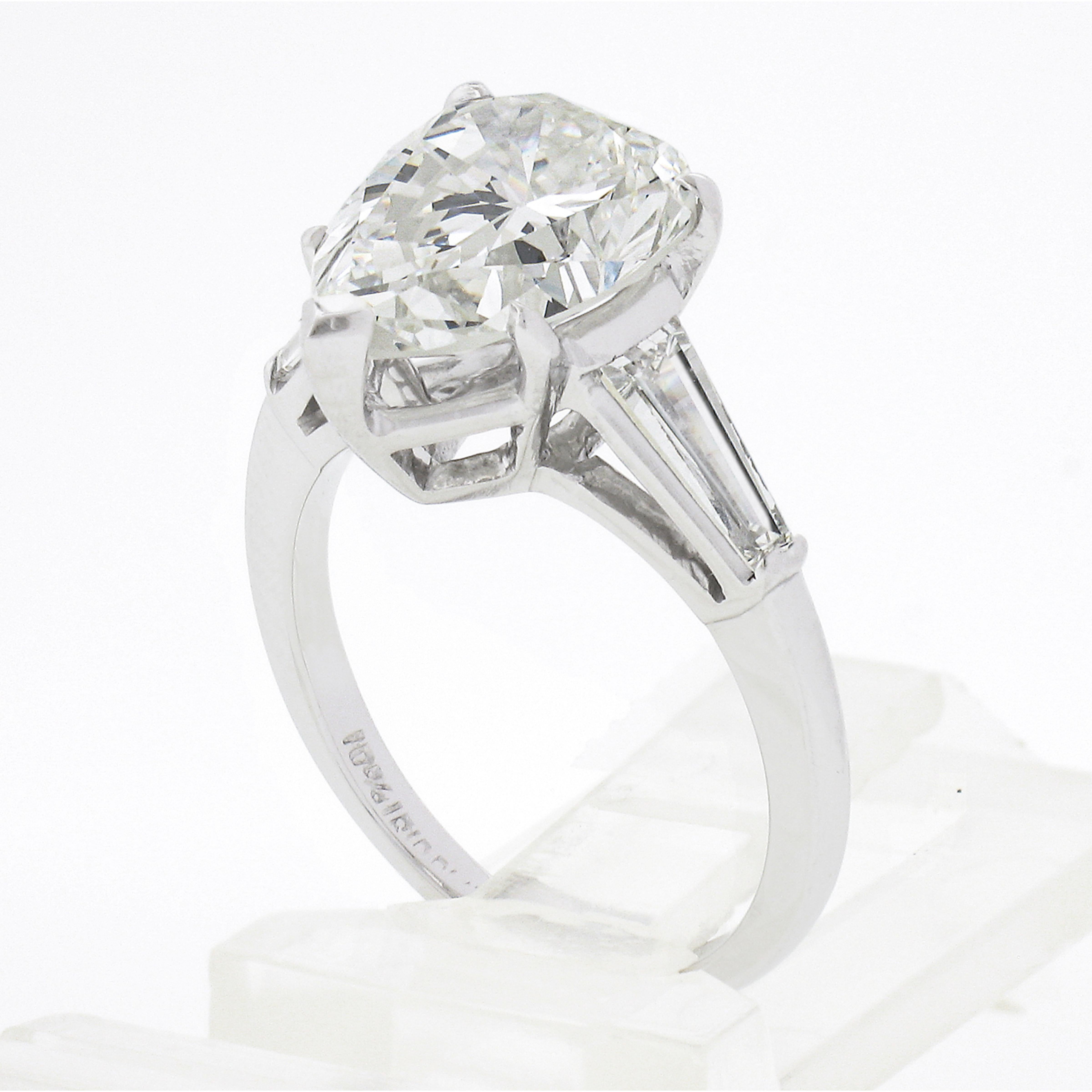 Vintage Platinum 3.02ctw GIA Pear Brilliant & Baguette Diamond Engagement Ring For Sale 3