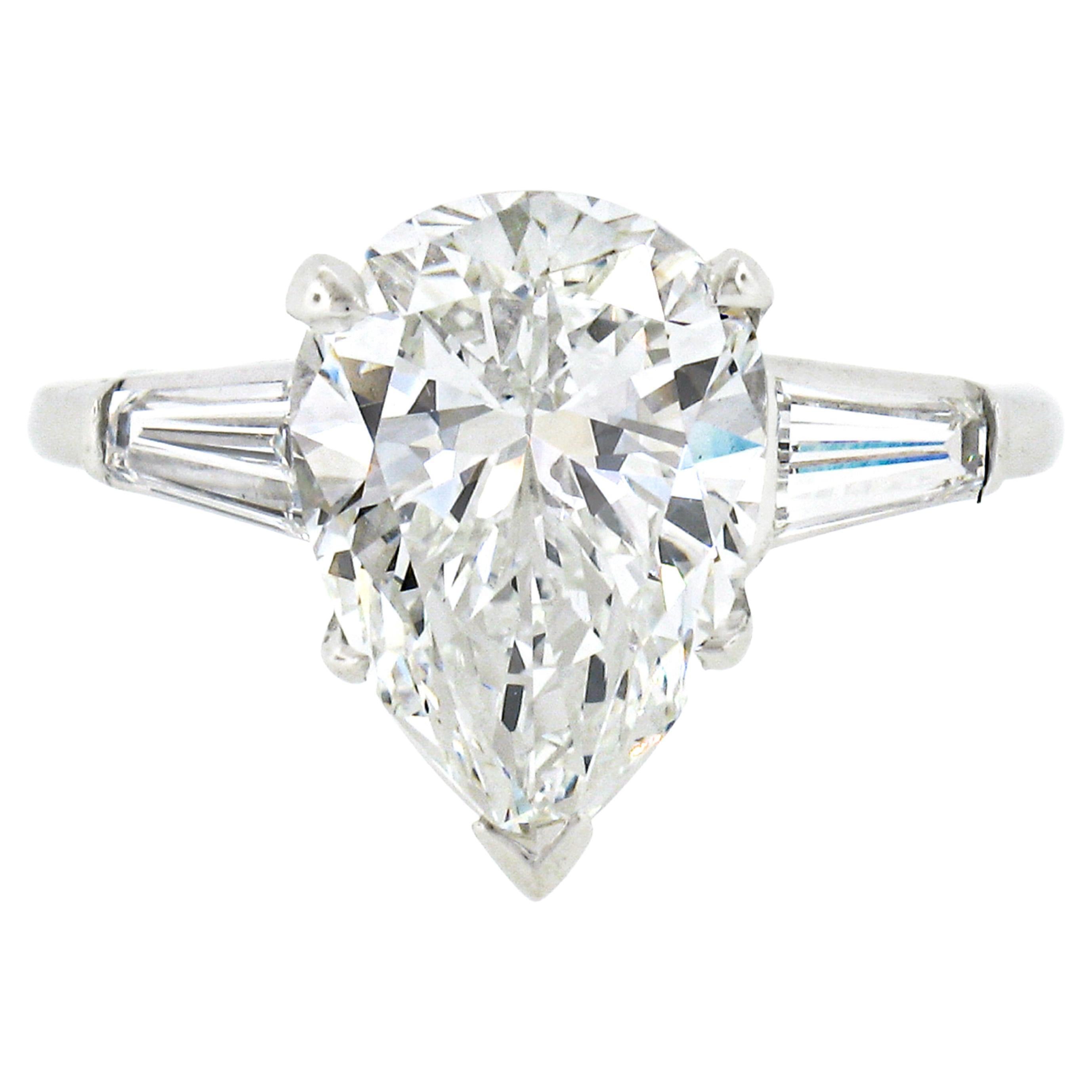 Vintage Platinum 3.02ctw GIA Pear Brilliant & Baguette Diamond Engagement Ring For Sale