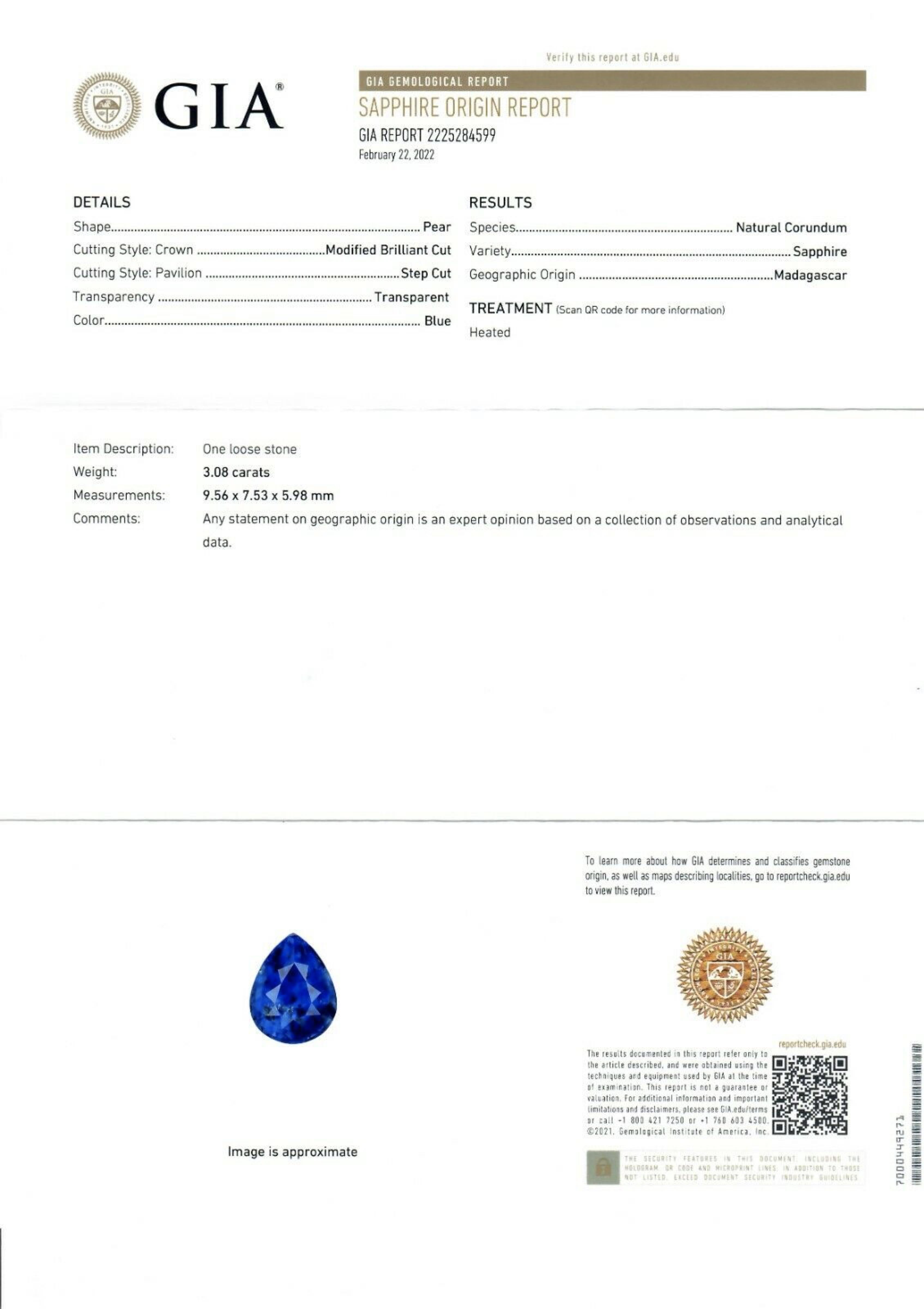 Vintage Platinum 3.64ctw GIA Pear Sapphire & Baguette Diamond 3 Three Stone Ring For Sale 5
