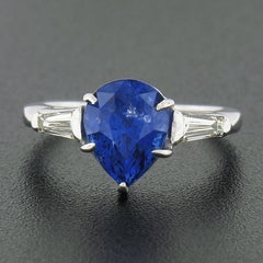 Vintage Platinum 3.64ctw GIA Pear Sapphire & Baguette Diamond 3 Three Stone Ring