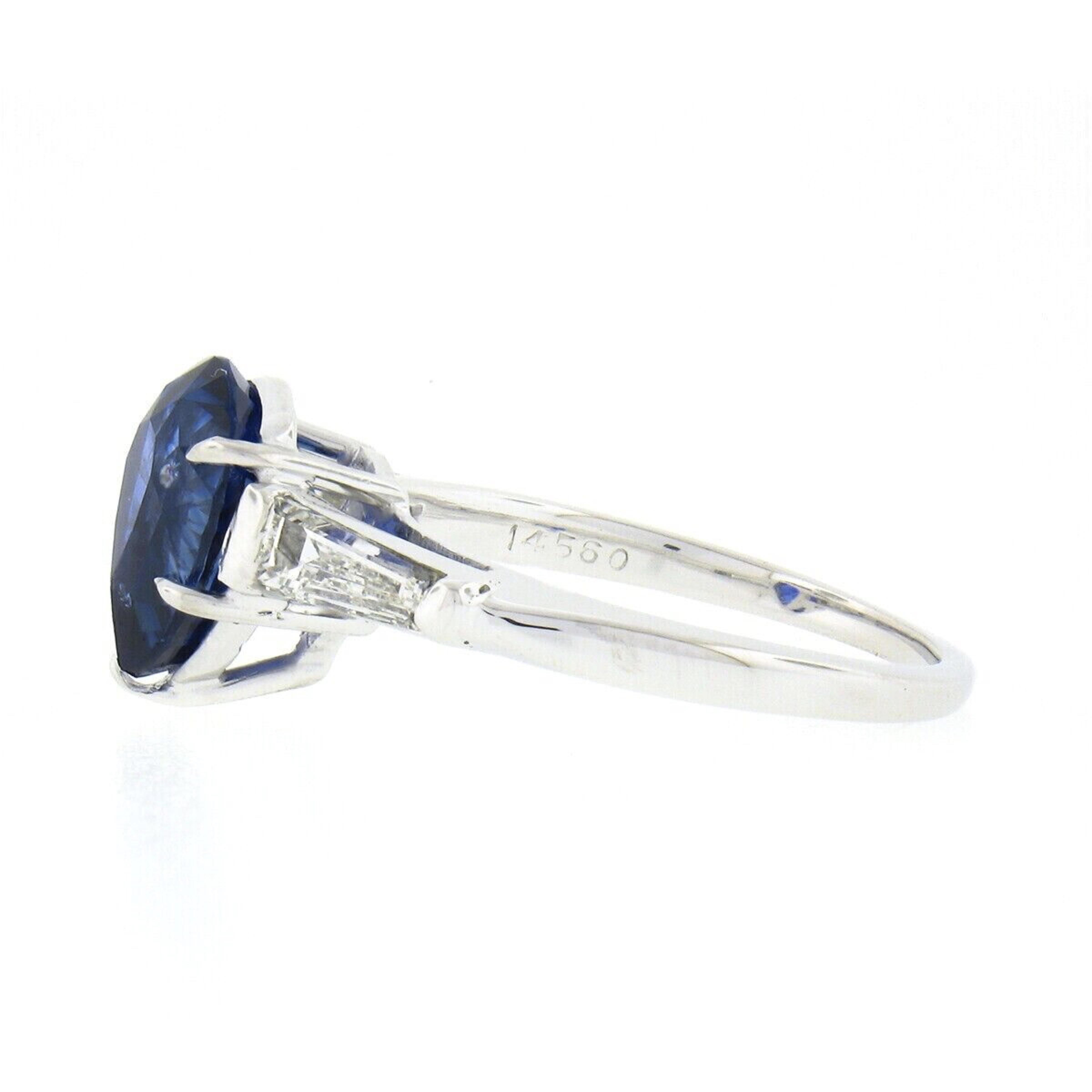 Women's Vintage Platinum 3.64ctw GIA Pear Sapphire & Baguette Diamond 3 Three Stone Ring For Sale