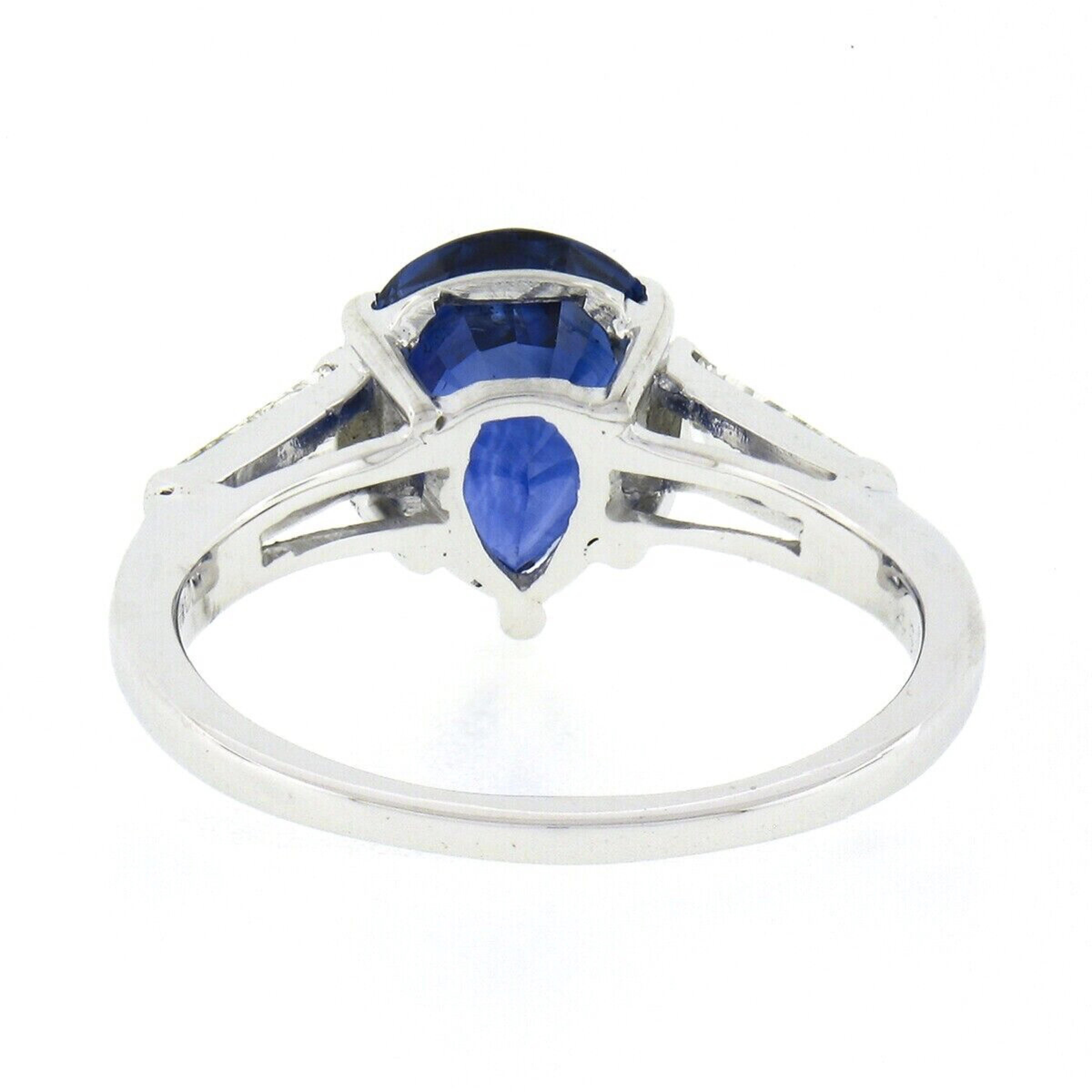 Vintage Platinum 3.64ctw GIA Pear Sapphire & Baguette Diamond 3 Three Stone Ring For Sale 1
