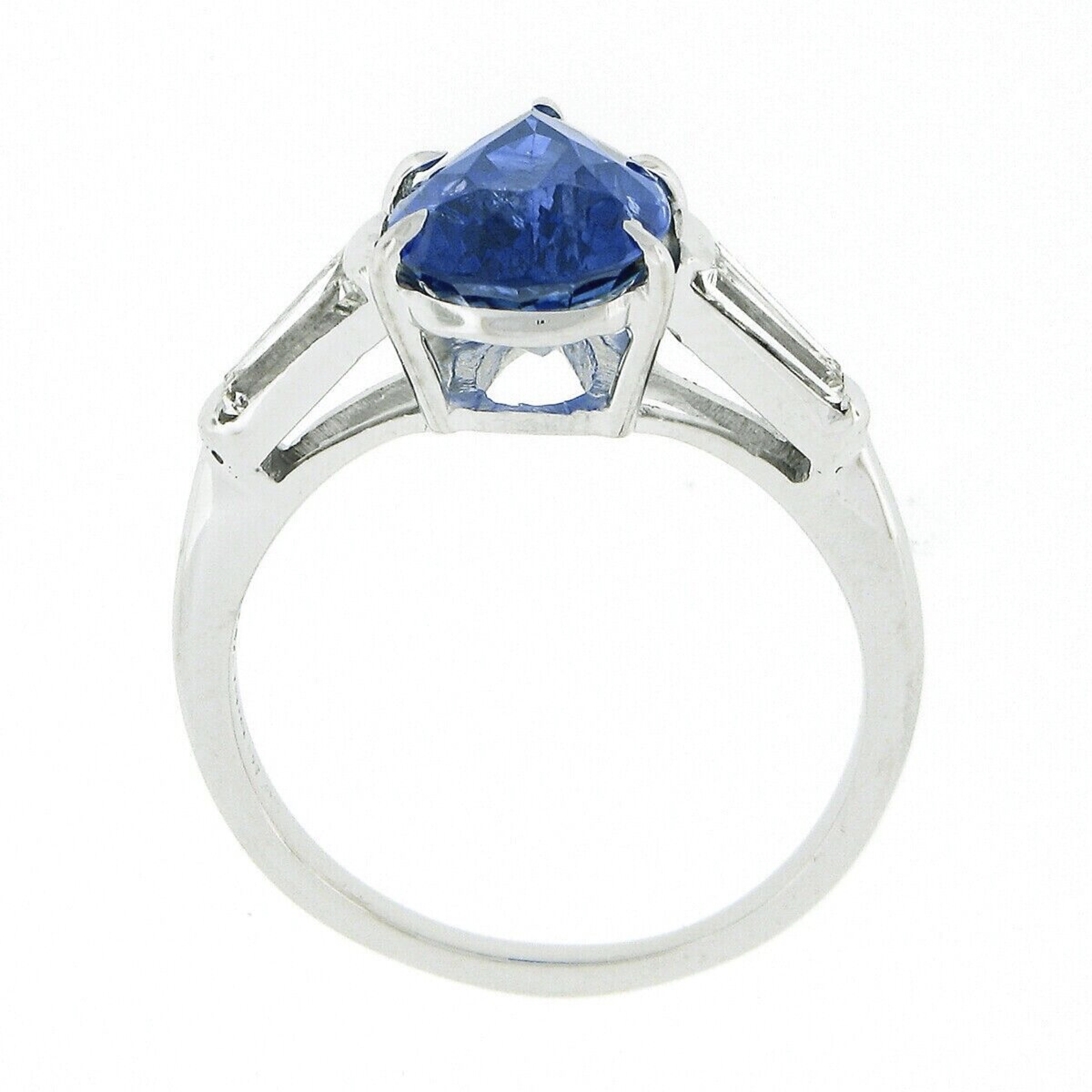 Vintage Platinum 3.64ctw GIA Pear Sapphire & Baguette Diamond 3 Three Stone Ring For Sale 2
