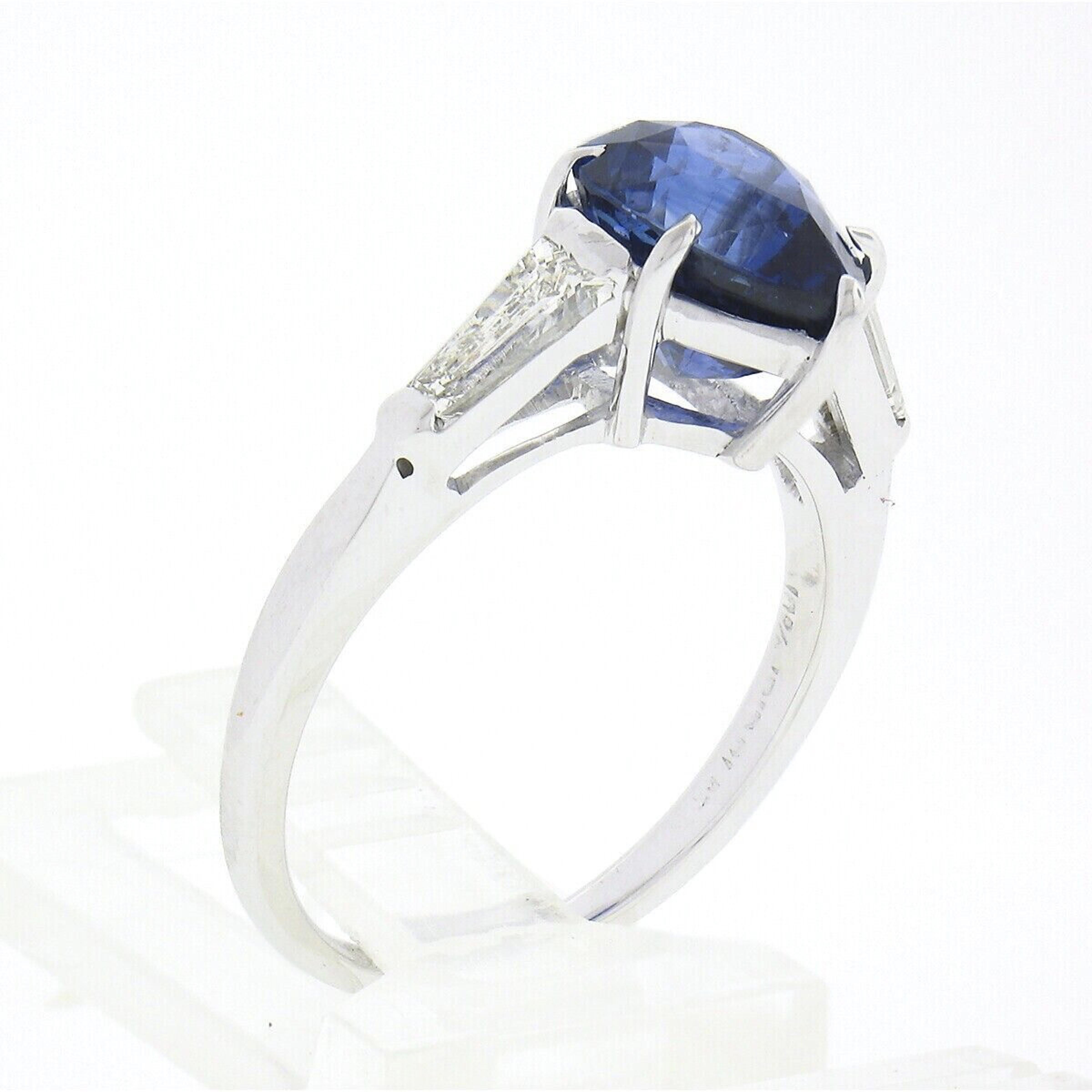 Vintage Platinum 3.64ctw GIA Pear Sapphire & Baguette Diamond 3 Three Stone Ring For Sale 3