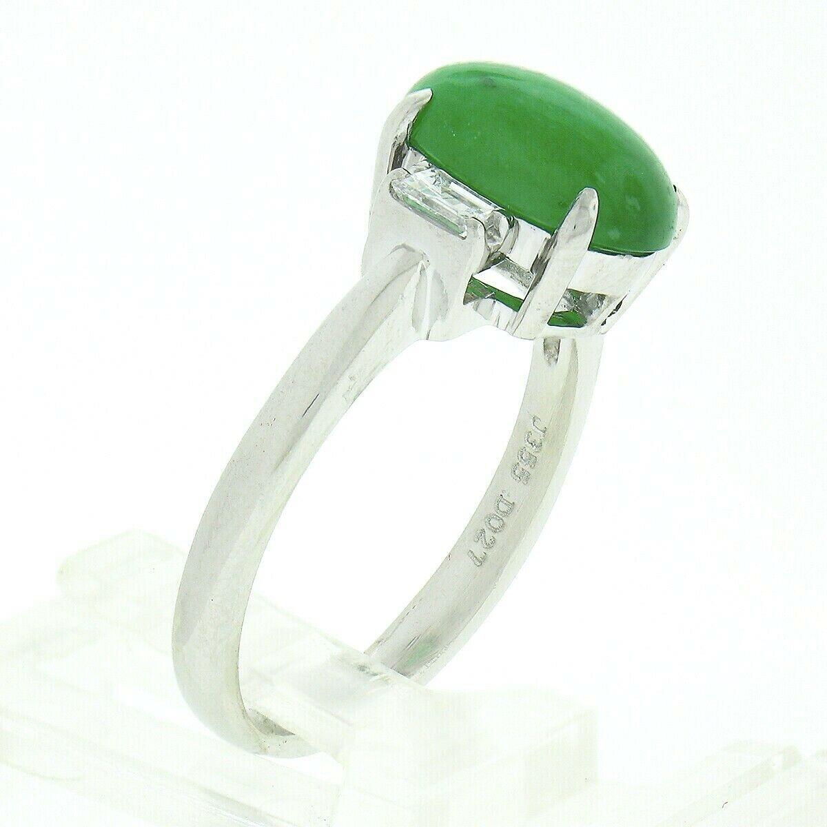 Vintage Platinum 3.82ctw GIA Oval Apple Green Jade Baguette Diamond 3 Stone Ring For Sale 4