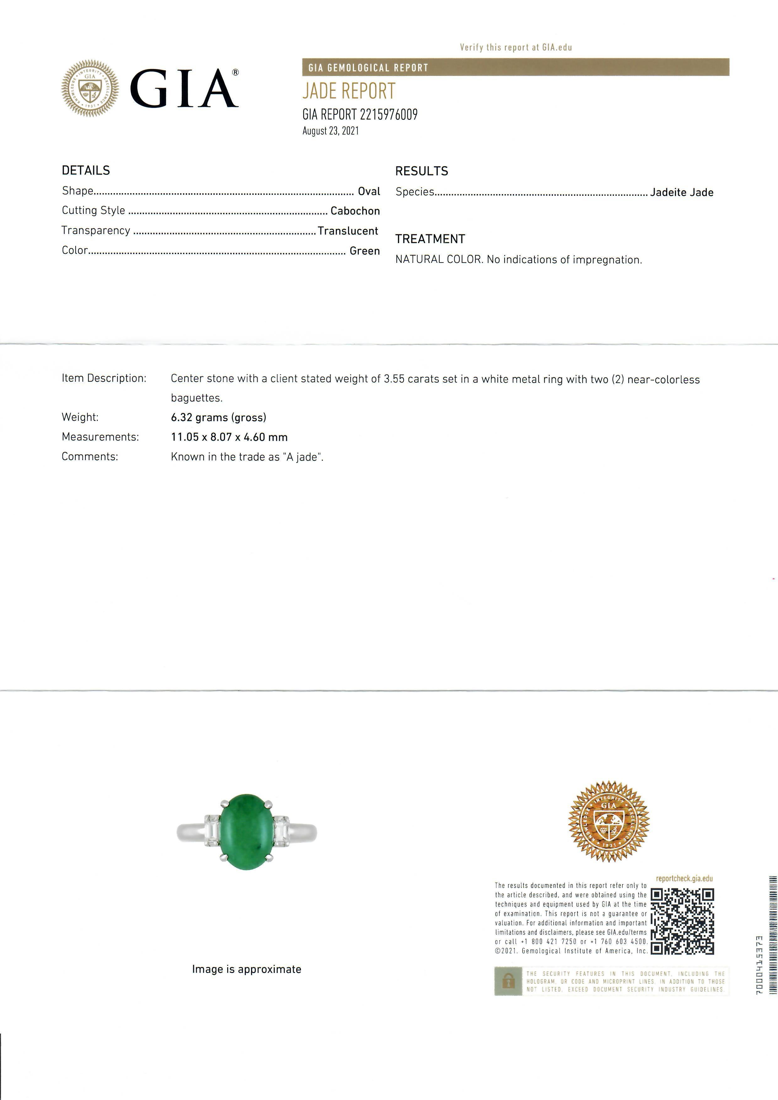 Bague vintage à 3 pierres en platine avec jade vert pomme ovale et diamants baguettes de 3,82 carats certifiés GIA en vente 6