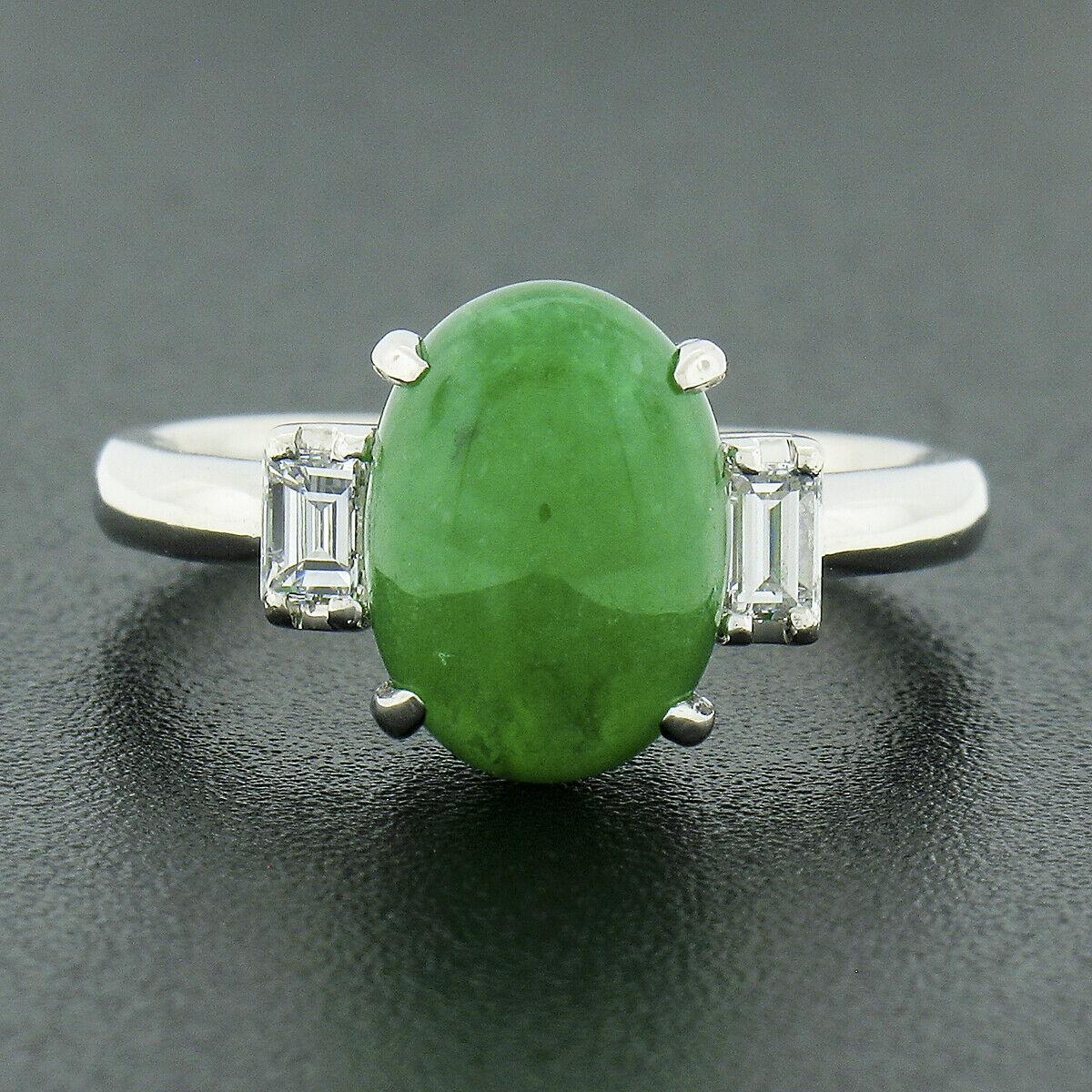 Oval Cut Vintage Platinum 3.82ctw GIA Oval Apple Green Jade Baguette Diamond 3 Stone Ring For Sale