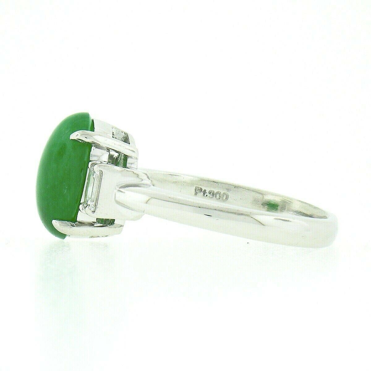 Oval Cut Vintage Platinum 3.82ctw GIA Oval Apple Green Jade Baguette Diamond 3 Stone Ring