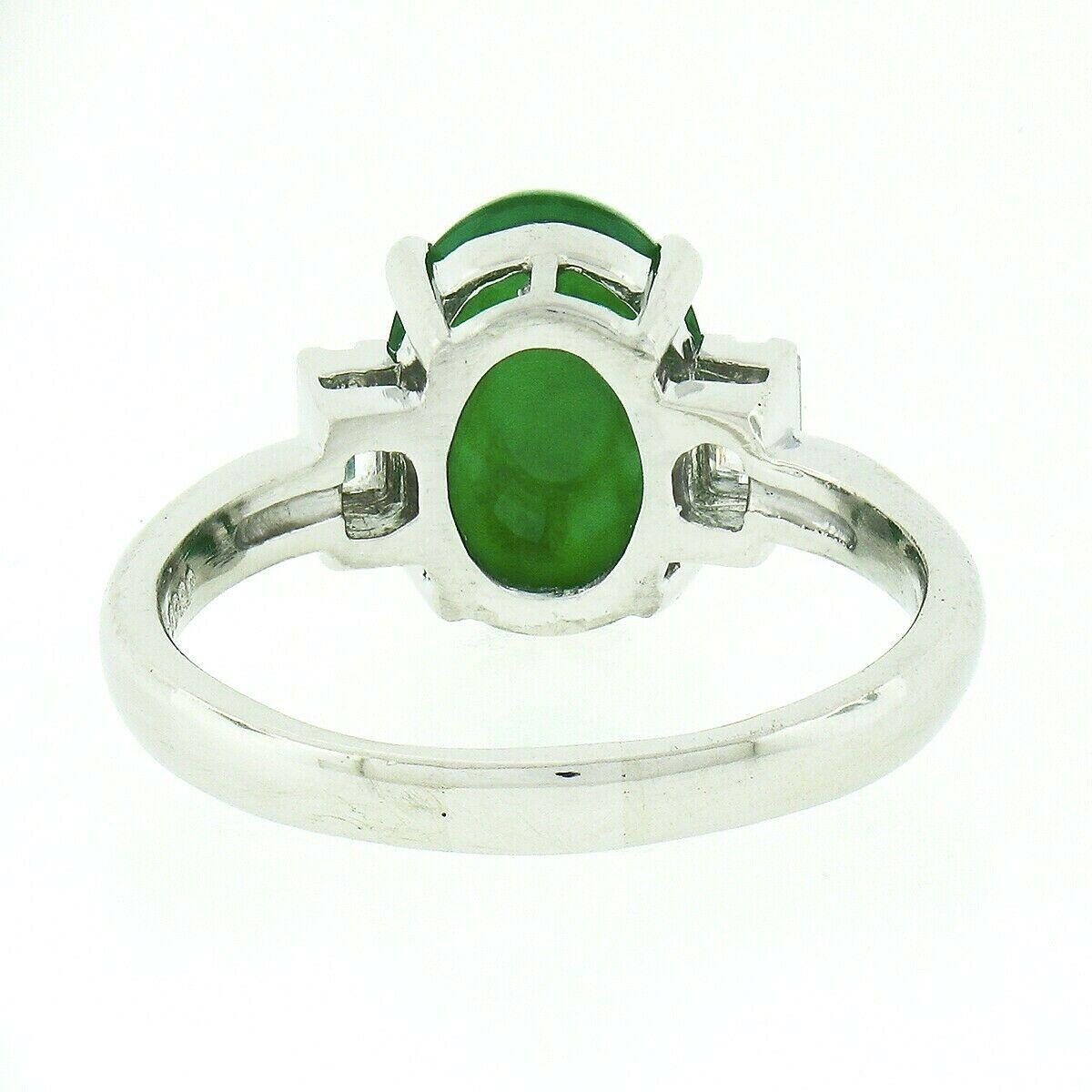 Vintage Platinum 3.82ctw GIA Oval Apple Green Jade Baguette Diamond 3 Stone Ring For Sale 1