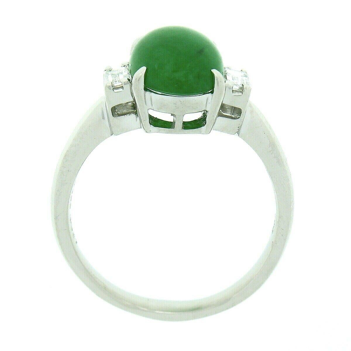 Vintage Platinum 3.82ctw GIA Oval Apple Green Jade Baguette Diamond 3 Stone Ring For Sale 3