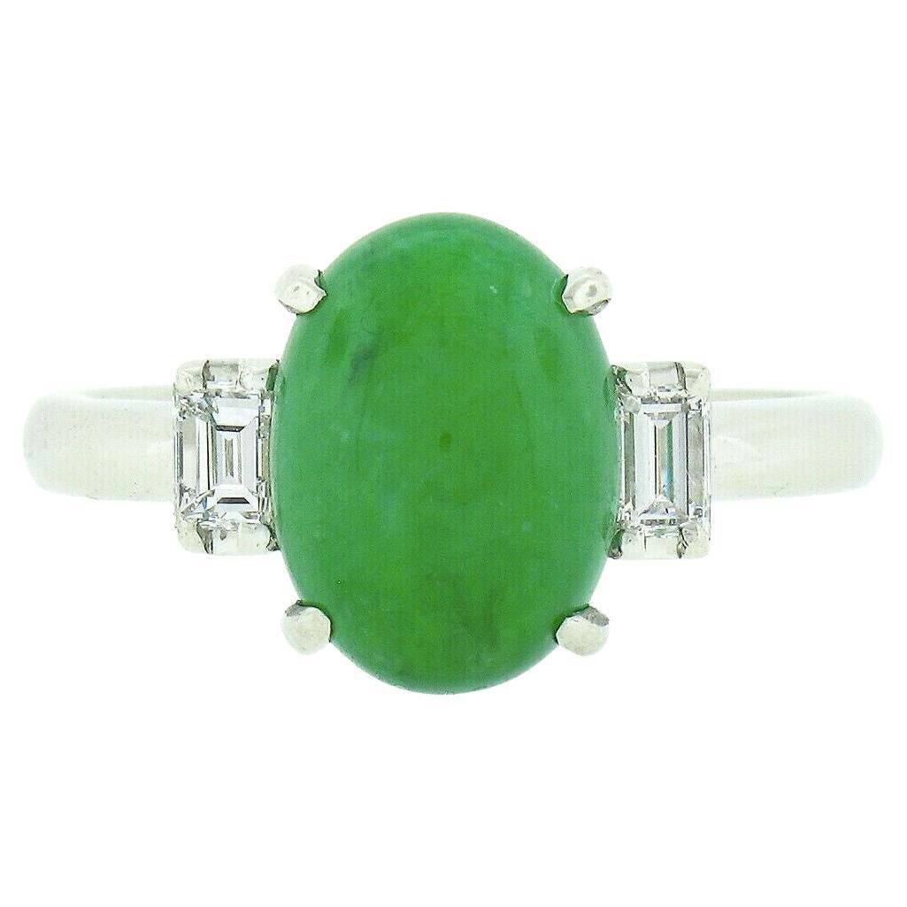 Vintage Platinum 3.82ctw GIA Oval Apple Green Jade Baguette Diamond 3 Stone Ring For Sale