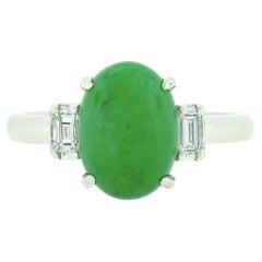 Vintage Platinum 3.82ctw GIA Oval Apple Green Jade Baguette Diamond 3 Stone Ring