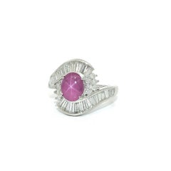Vintage Platinum 3.85ctw Oval Cabochon Crisp Star Ruby Baguette Diamond Ring