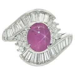 Vintage Platinum 3.85ctw Oval Cabochon Crisp Star Ruby Baguette Diamond Ring