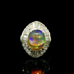 Vintage Platinum 3.86ctw Orange Jelly Opal Baguette Round Diamond Ballerina Ring