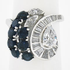 Vintage Platinum 3.92ctw Sapphire & Pear Diamond Swirl Statement Cocktail Ring