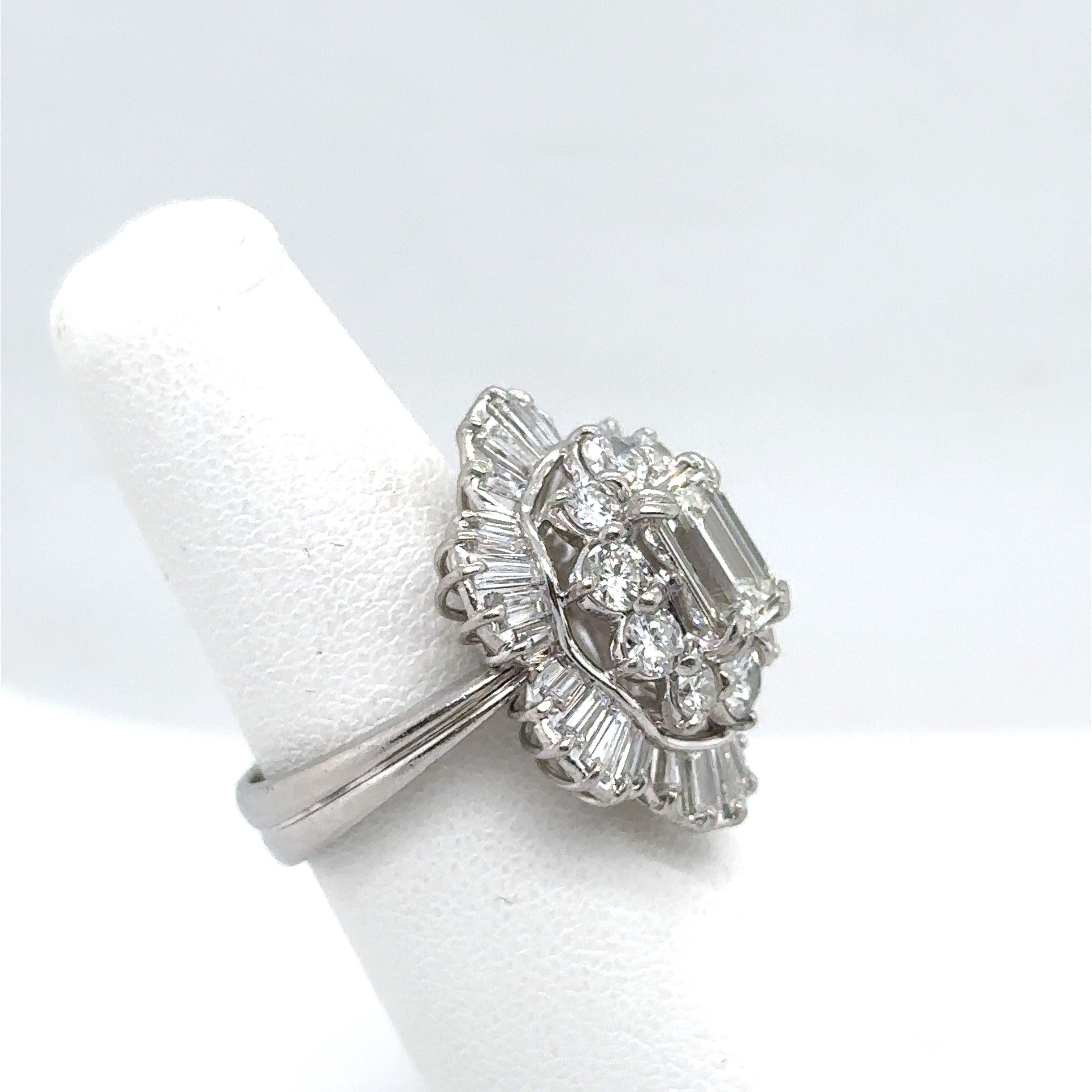 Women's Vintage Platinum 3CT Diamond Floral Cocktail Ring For Sale