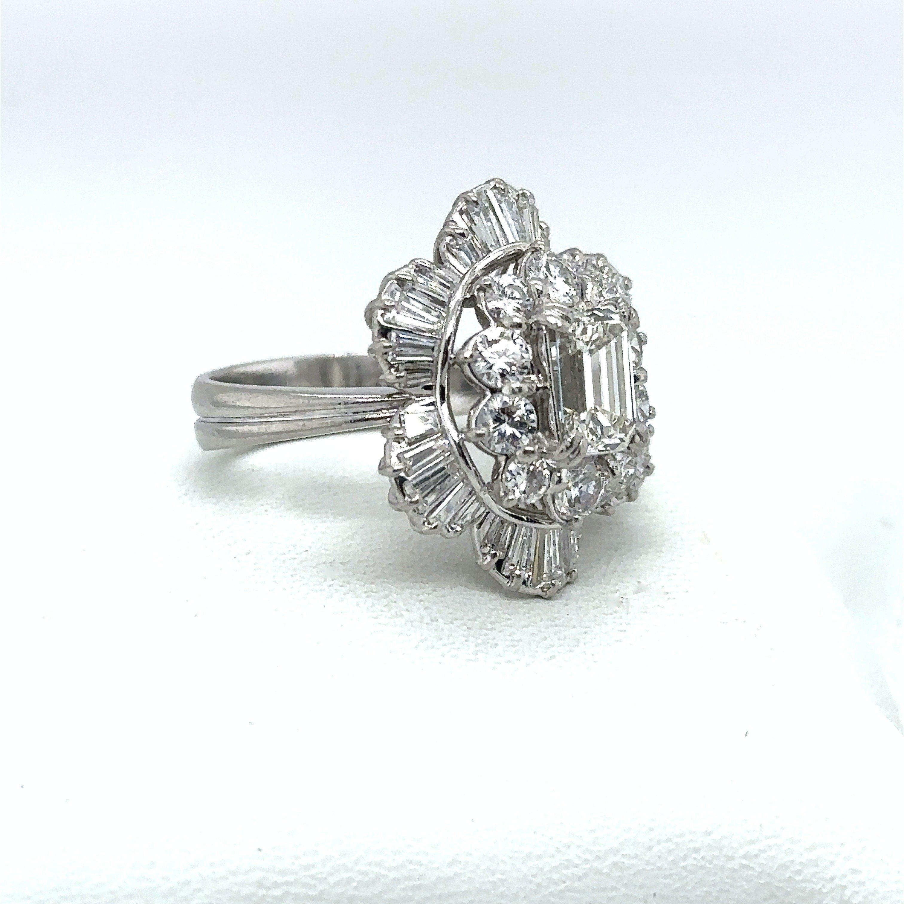 Vintage Platinum 3CT Diamond Floral Cocktail Ring For Sale 2