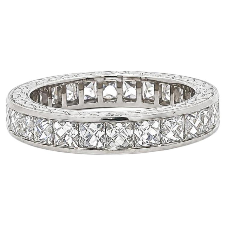 Vintage Platinum 3ctw French Cut Channel Diamond Hand Engraved Eternity Band Sz4 For Sale