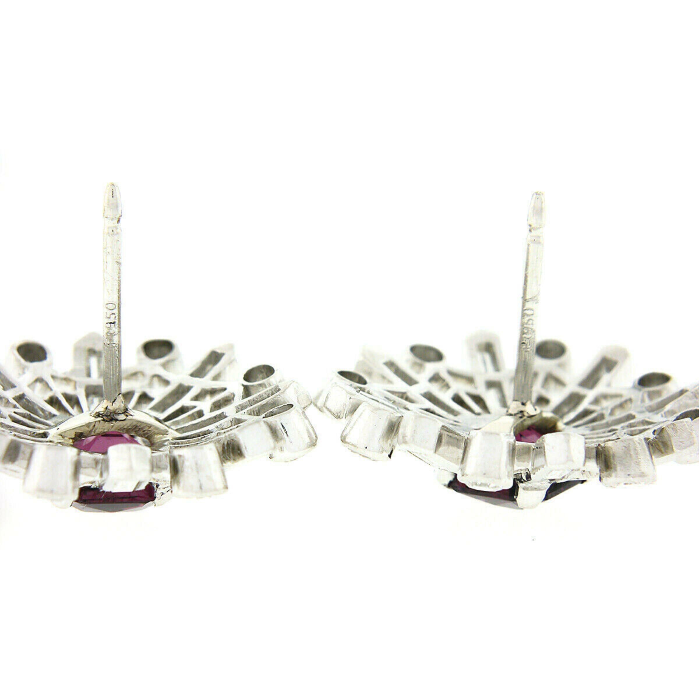 Vintage Platinum 4.02ctw Rhodolite Garnet & Diamond Snowflake Post Stud Earrings For Sale 1