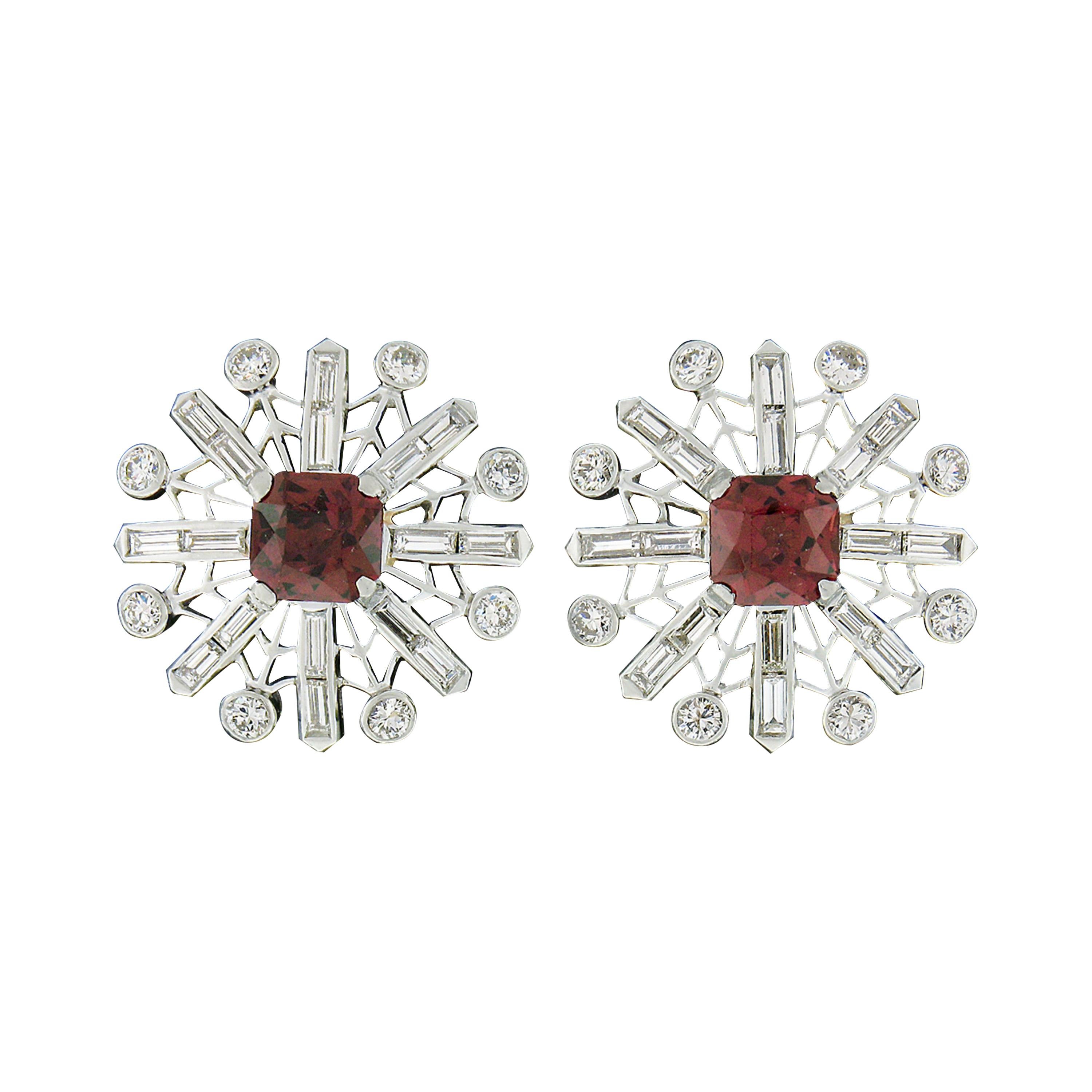 Vintage Platinum 4.02ctw Rhodolite Garnet & Diamond Snowflake Post Stud Earrings For Sale