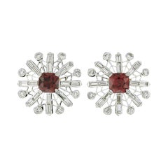 Retro Platinum 4.02ctw Rhodolite Garnet & Diamond Snowflake Post Stud Earrings