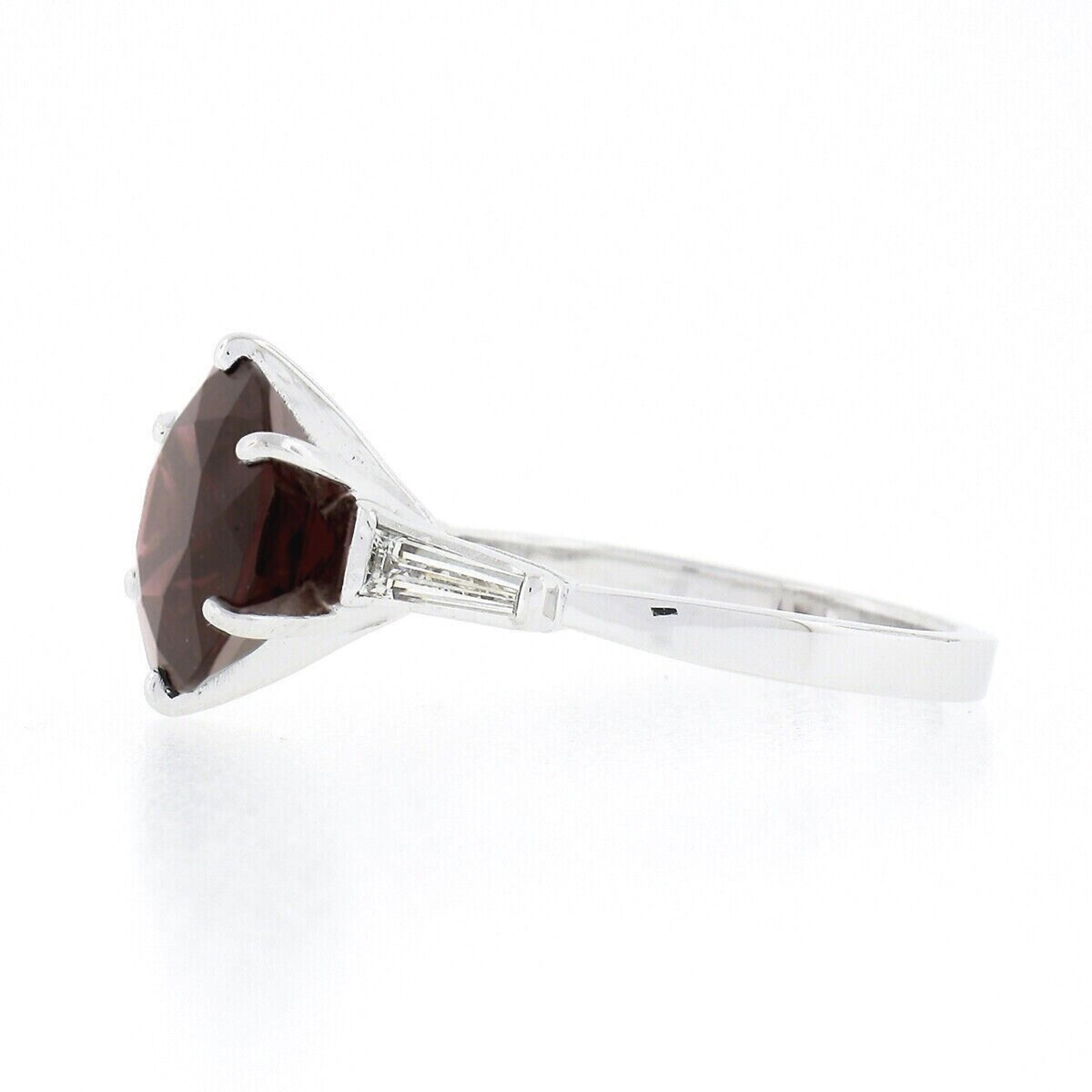 Women's Vintage Platinum 4.29ctw Round Garnet Baguette Diamond Solitaire Engagement Ring For Sale