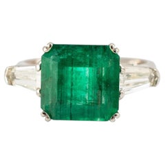 Vintage Platinum 4.35ctw Gia Green Emerald Diamond Three Stone Cocktail Ring